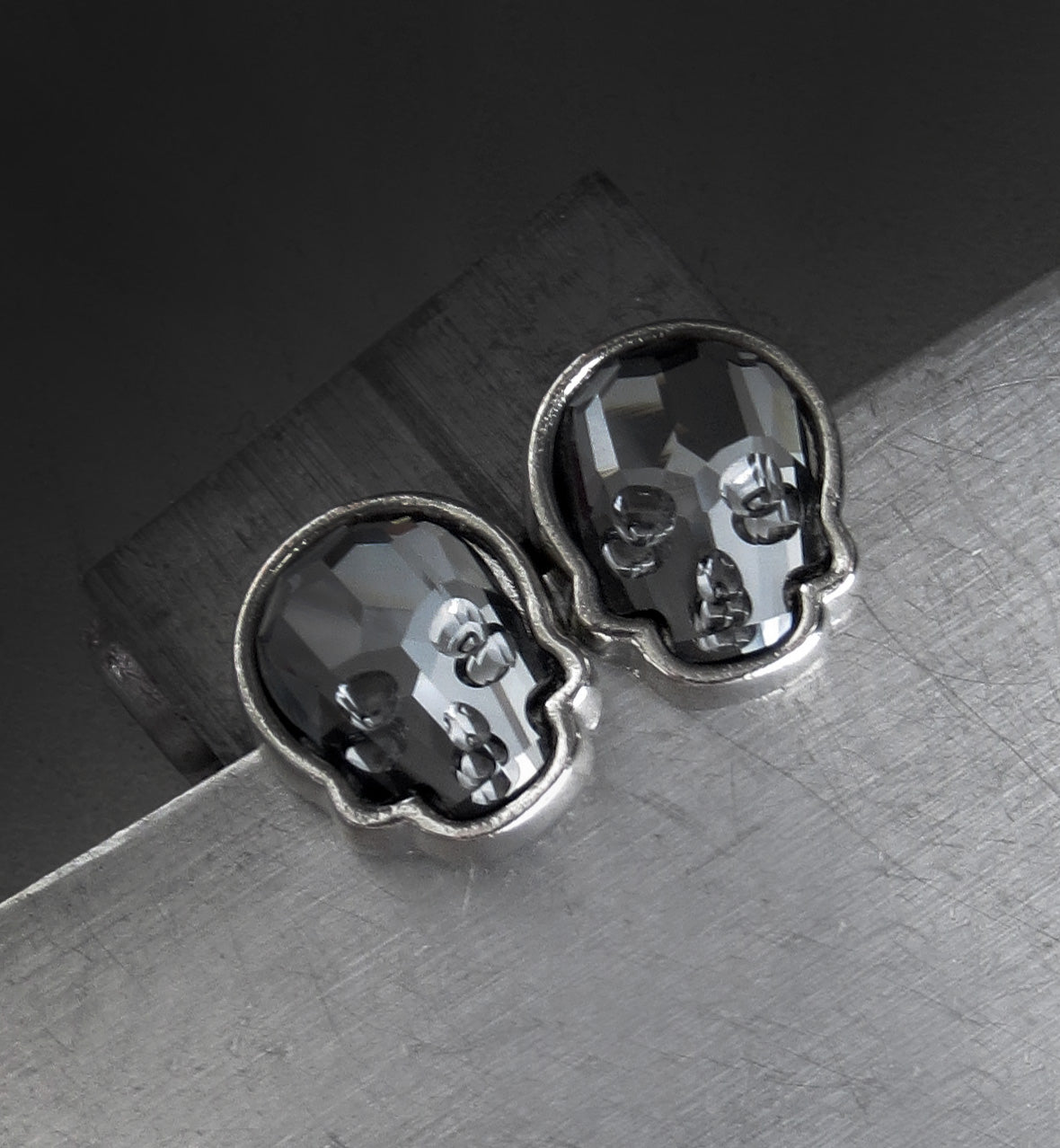 Crystal Skull Stud Earrings - Midnight Black with Silver