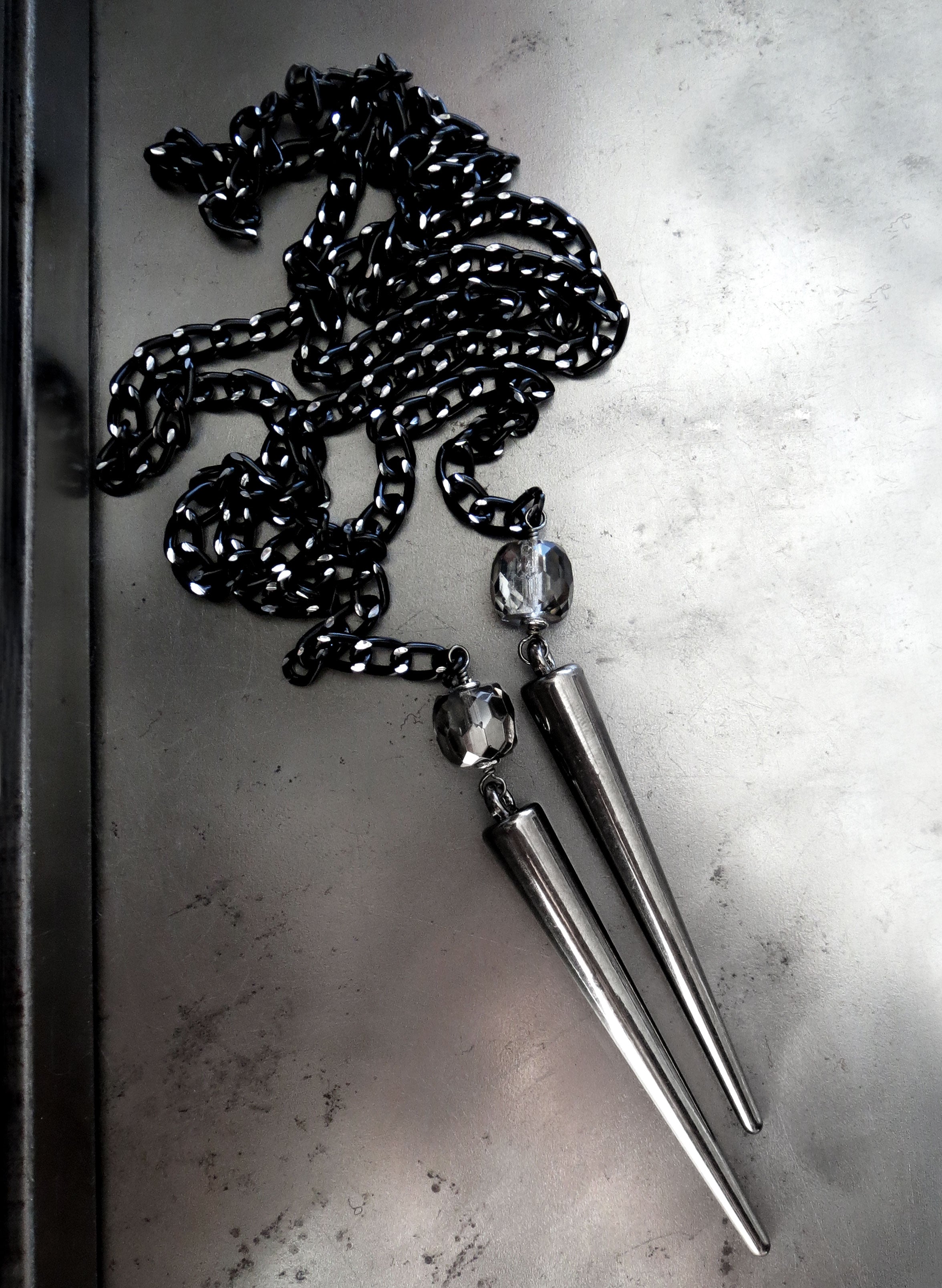 Long Spike Wrap Necklace with Chunky Black and Silver Chain