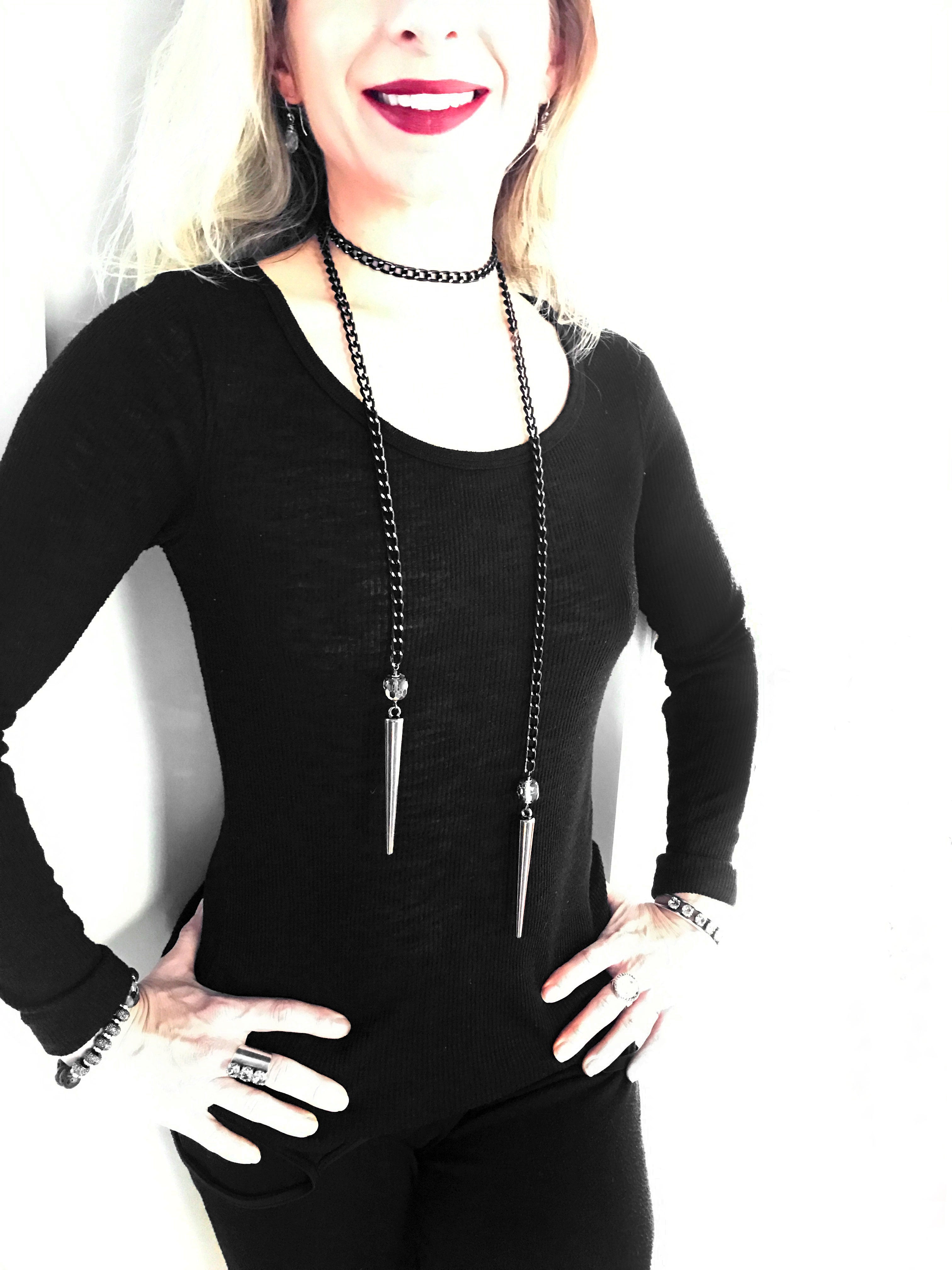 Long Spike Wrap Necklace with Chunky Black and Silver Chain