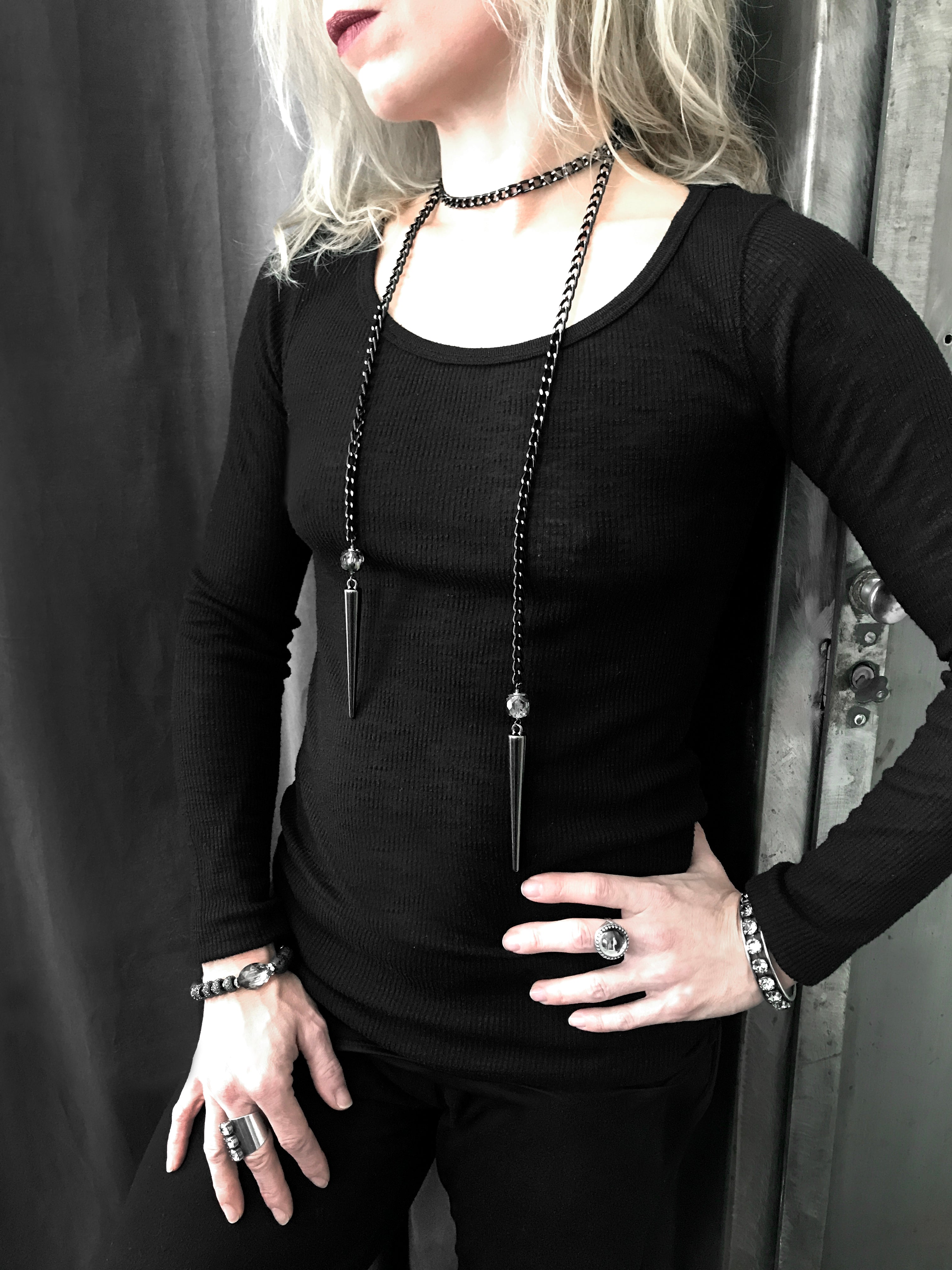 Long Spike Wrap Necklace with Chunky Black and Silver Chain