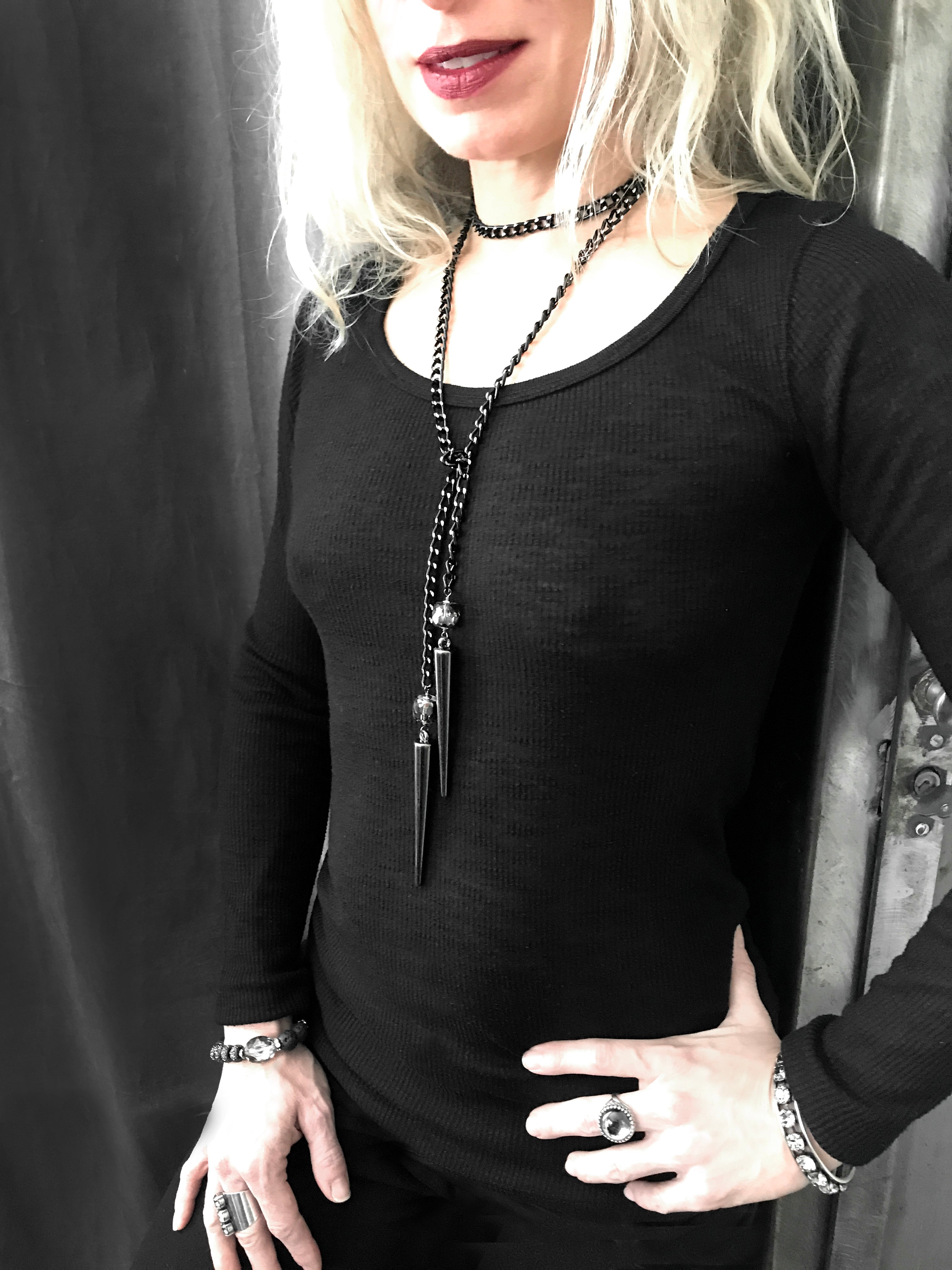 Long Spike Wrap Necklace with Chunky Black and Silver Chain