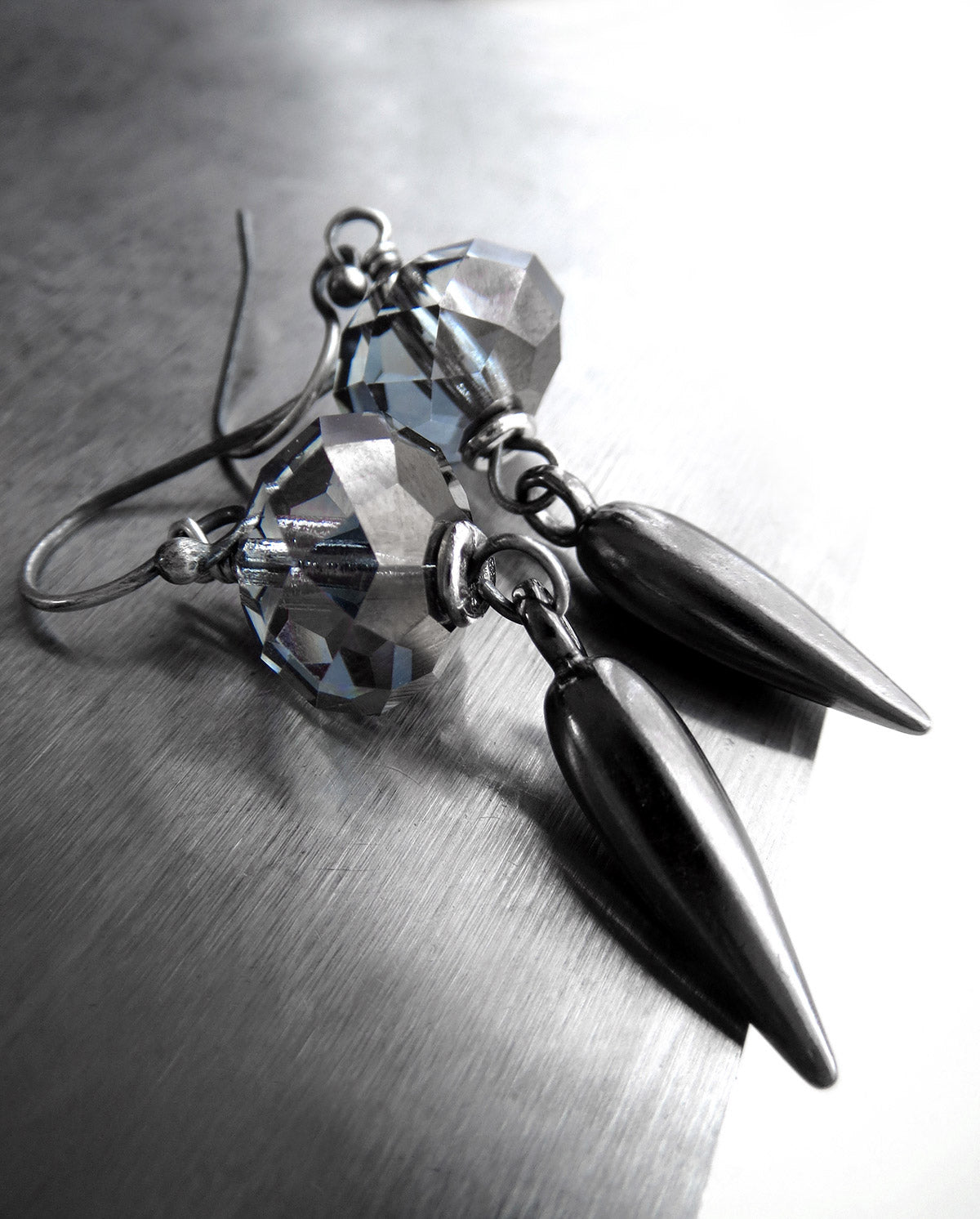 Black Metallic Gunmetal Spike Earrings with Crystals