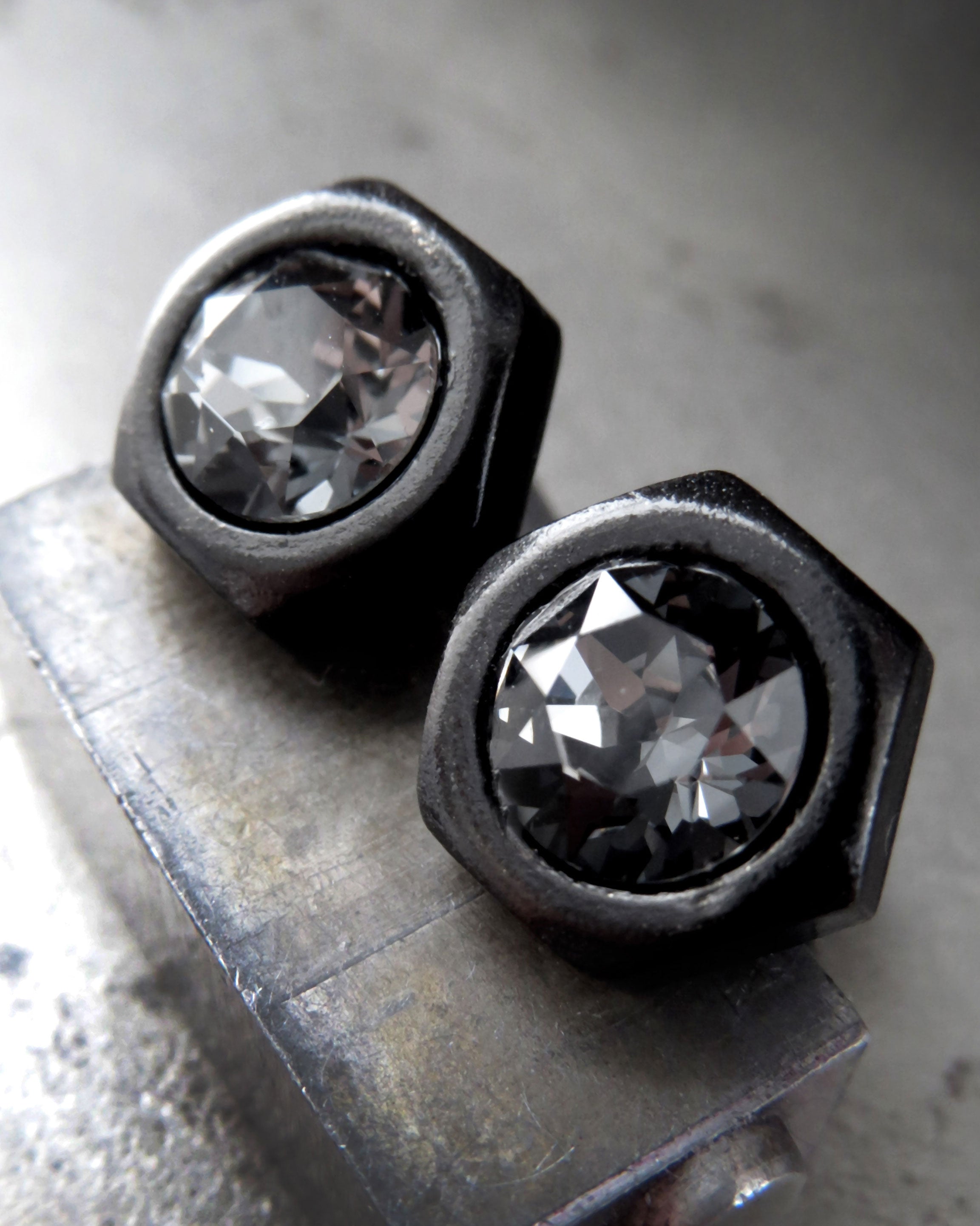 Black Hex Nut Stud Earrings with Black Crystal
