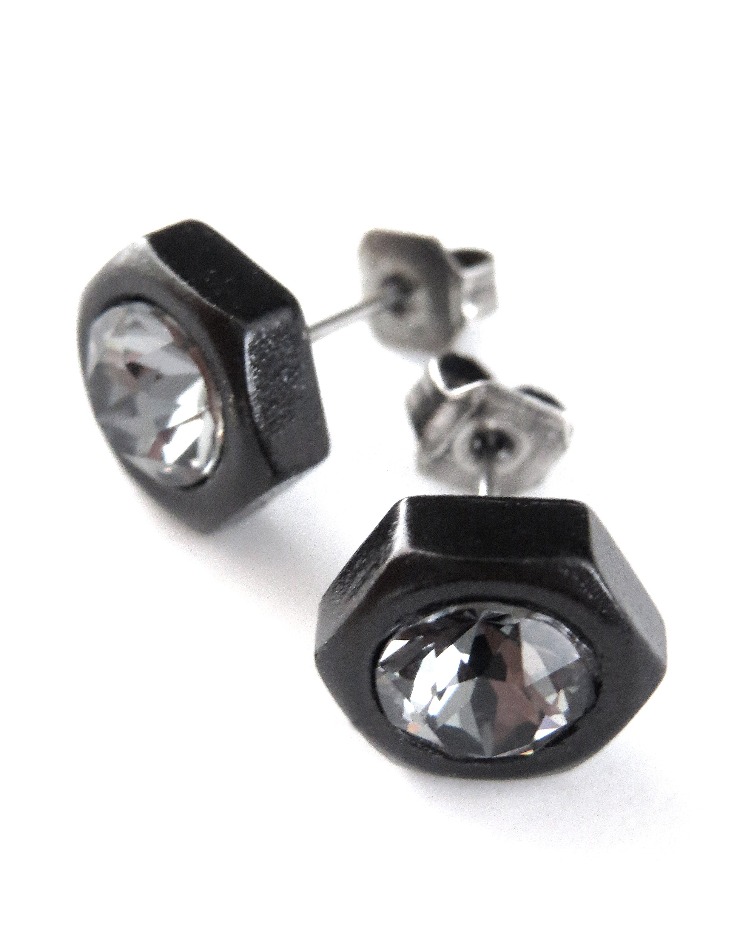 Black Hex Nut Stud Earrings with Black Crystal