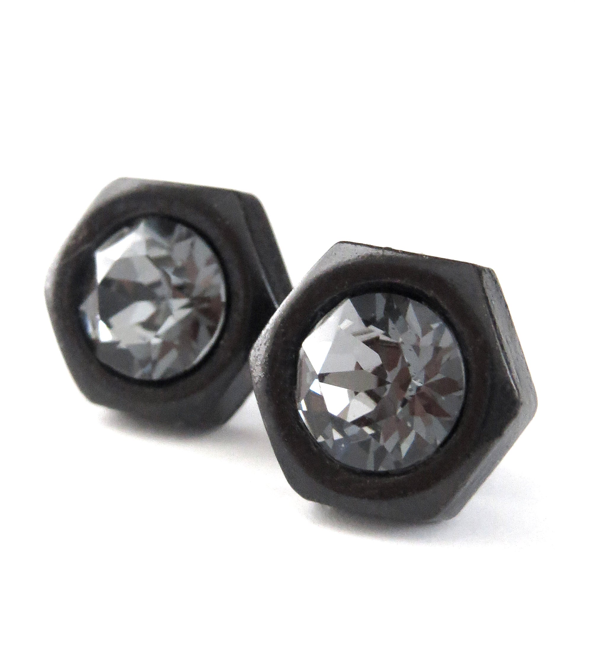 Mens Hex Nut Stud Earrings with Black Crystal, Hardware Jewelry ...