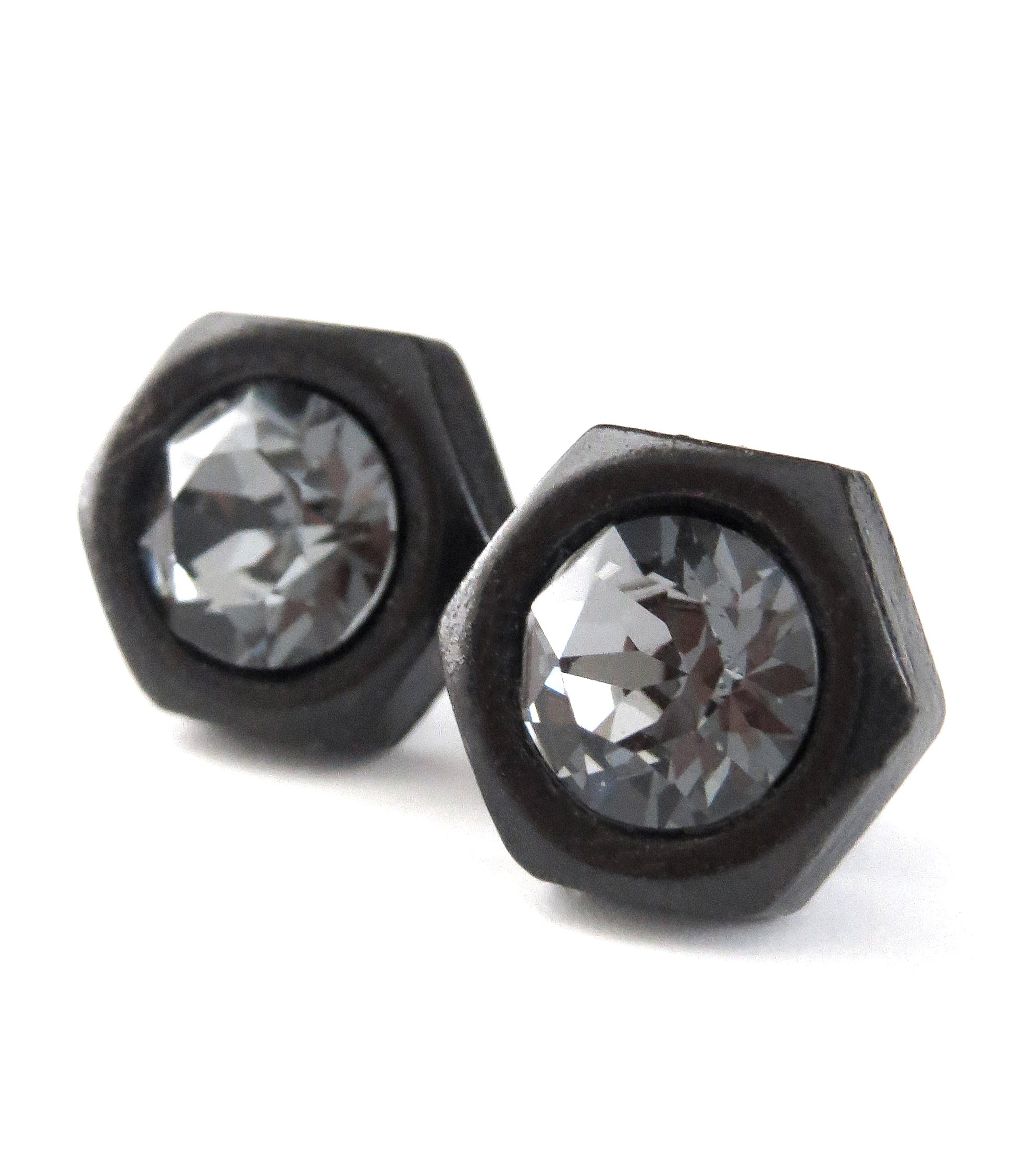 Black Hex Nut Stud Earrings with Black Crystal