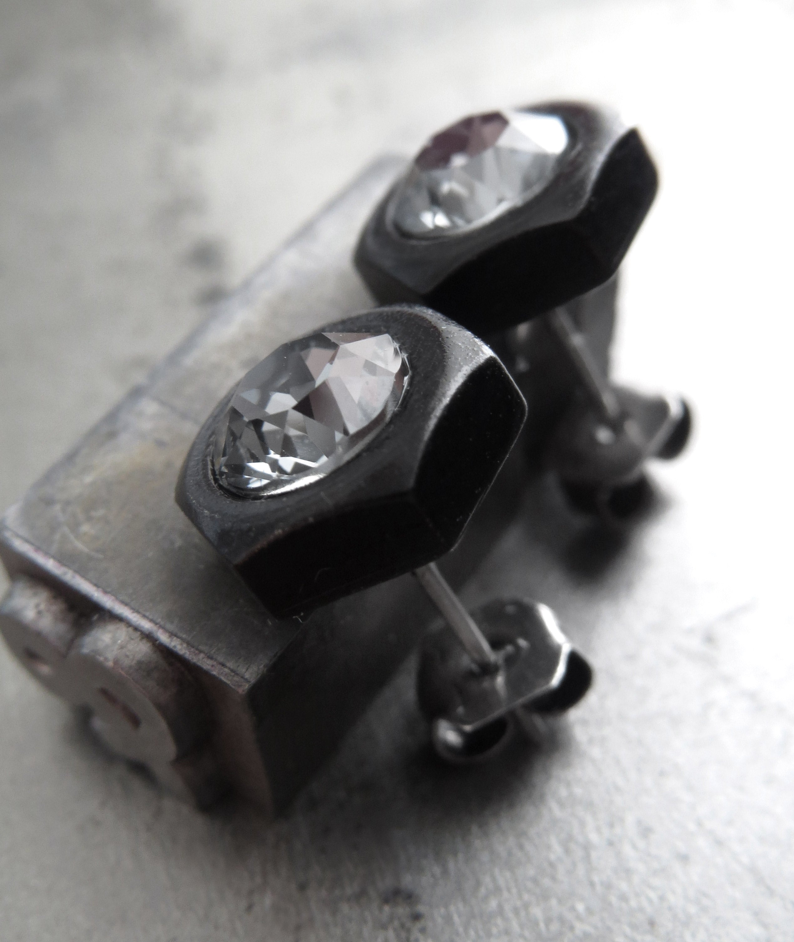 Black Hex Nut Stud Earrings with Black Crystal