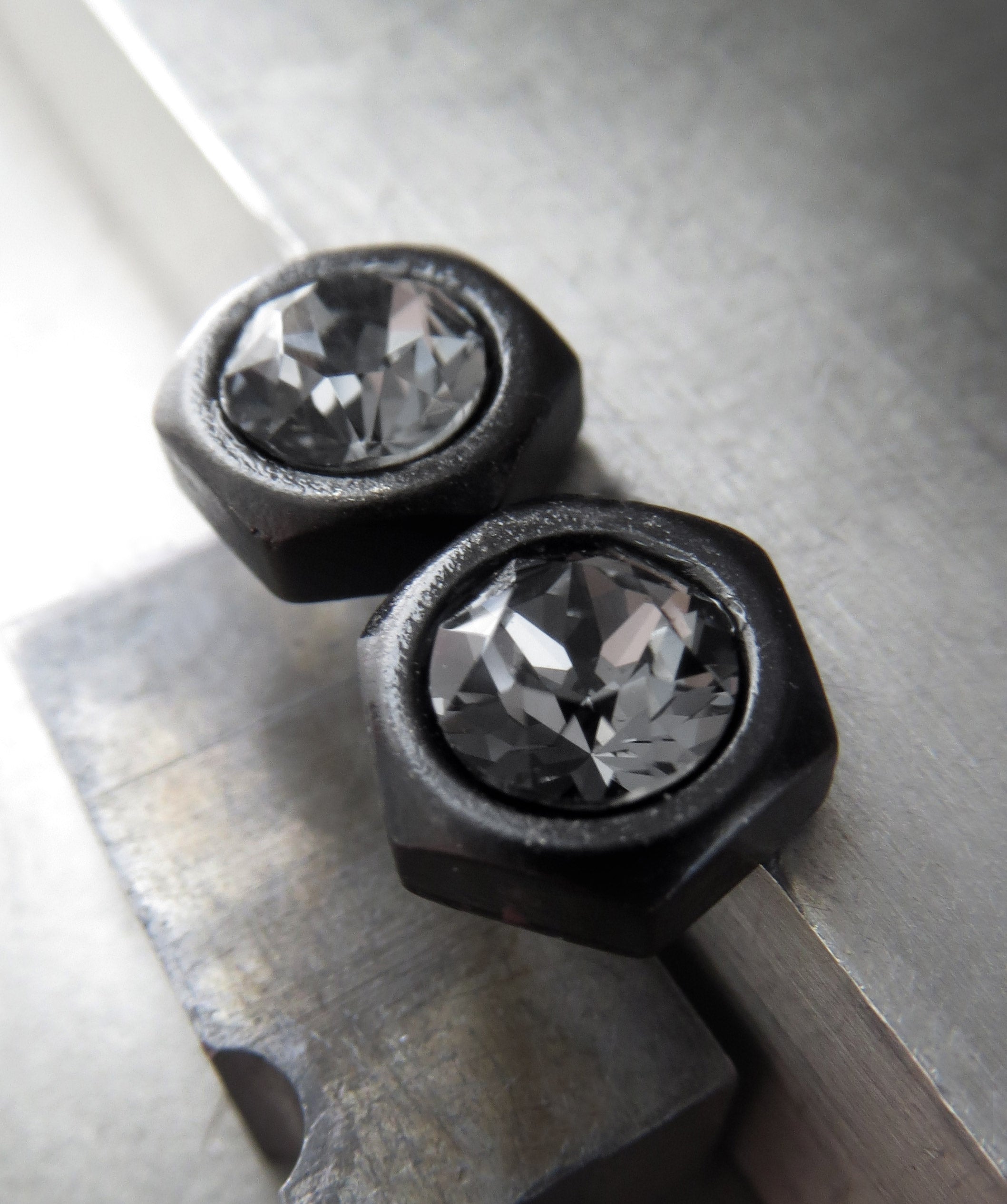 Black Hex Nut Stud Earrings with Black Crystal