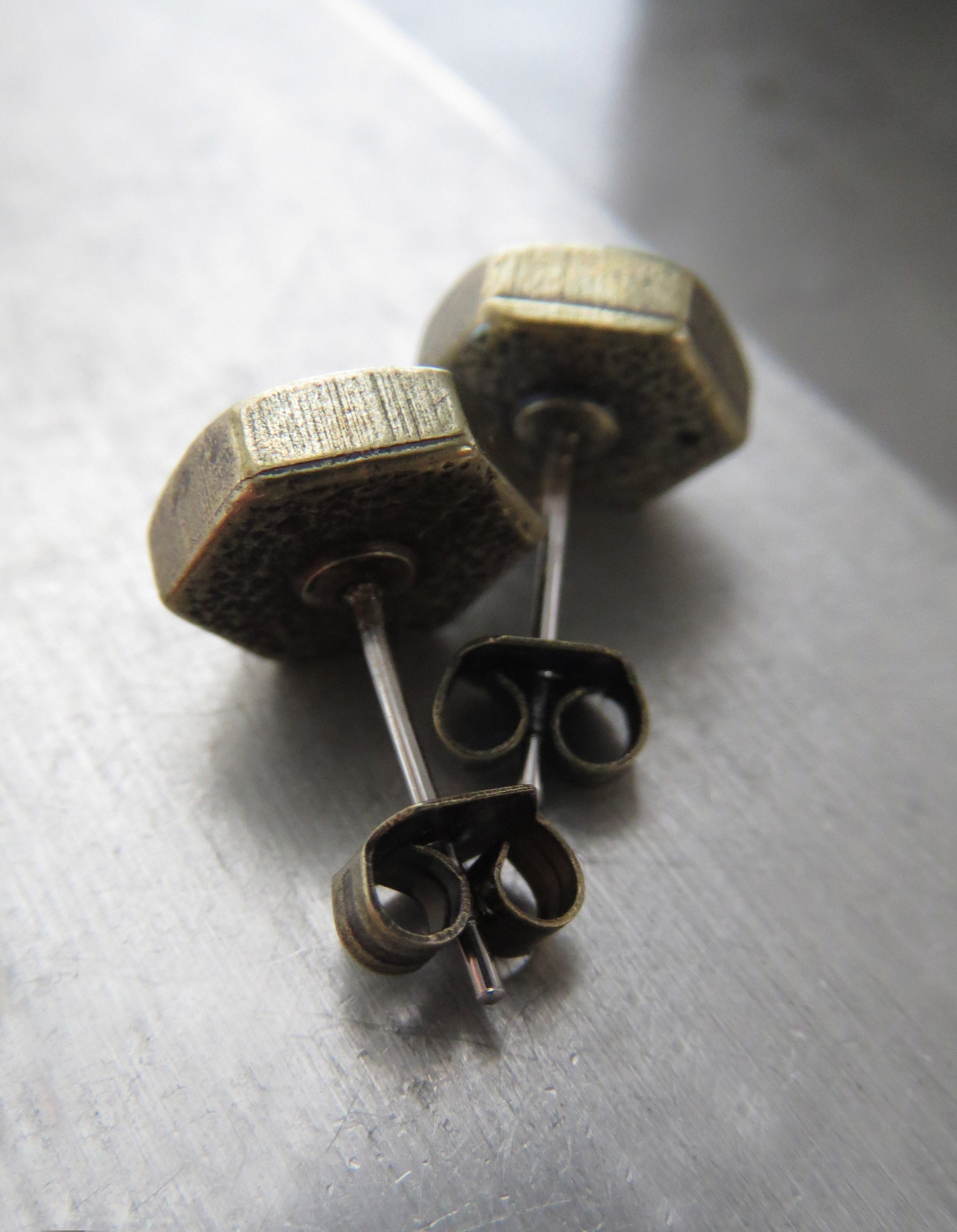 Antiqued Brass Hex Nut Stud Earrings with Shimmer Crystals