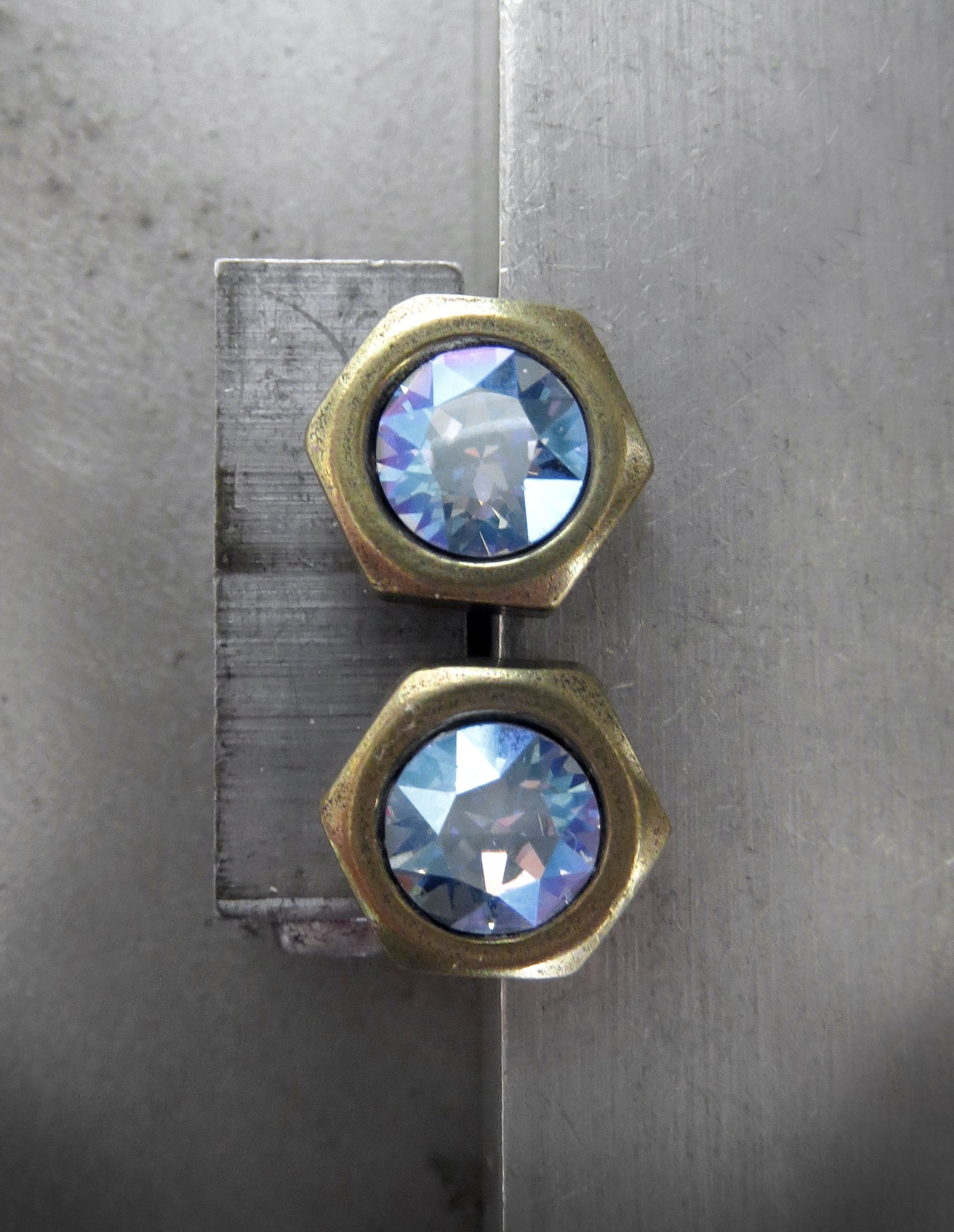 Antiqued Brass Hex Nut Stud Earrings with Shimmer Crystals