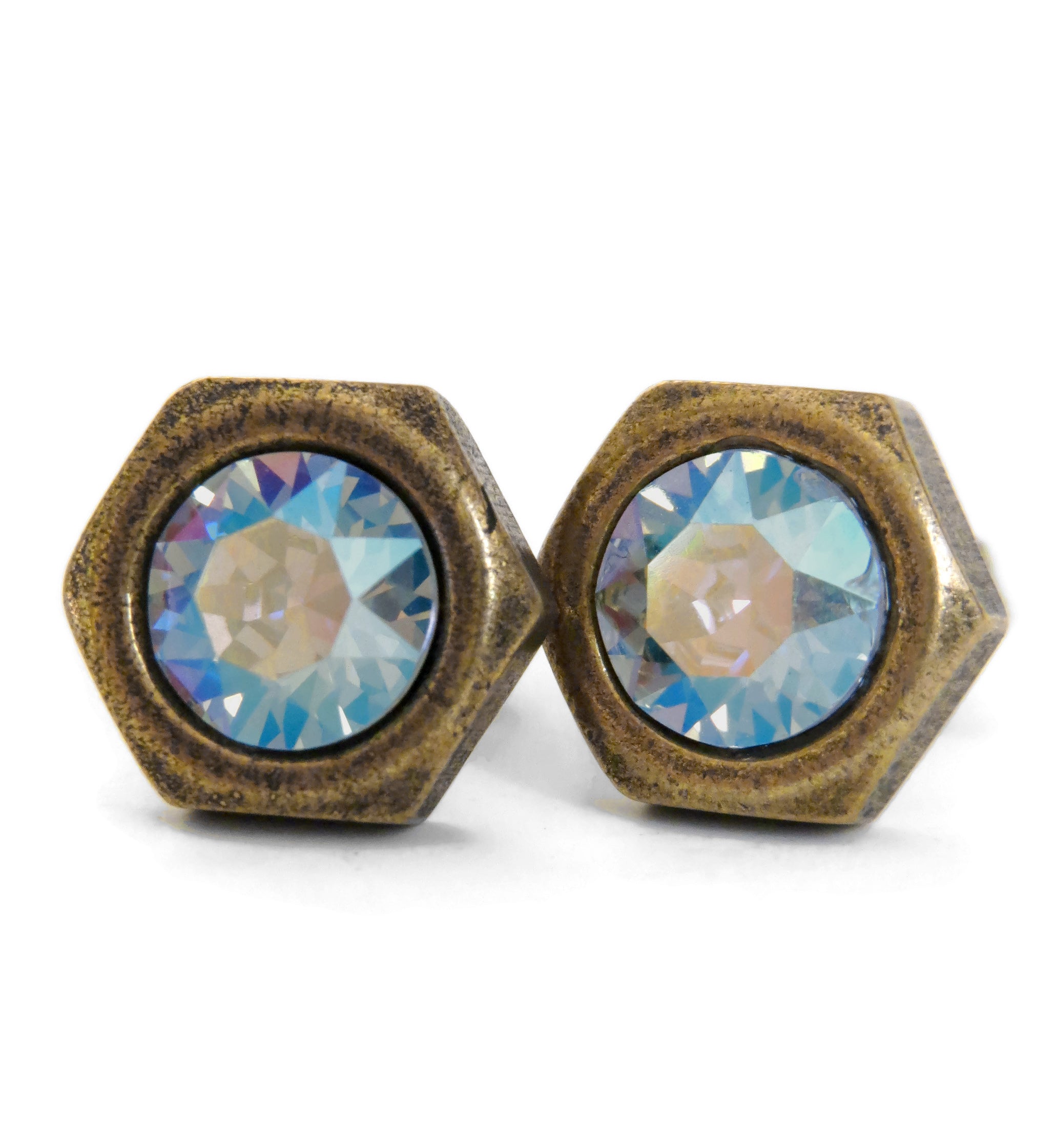 Antiqued Brass Hex Nut Stud Earrings with Shimmer Crystals