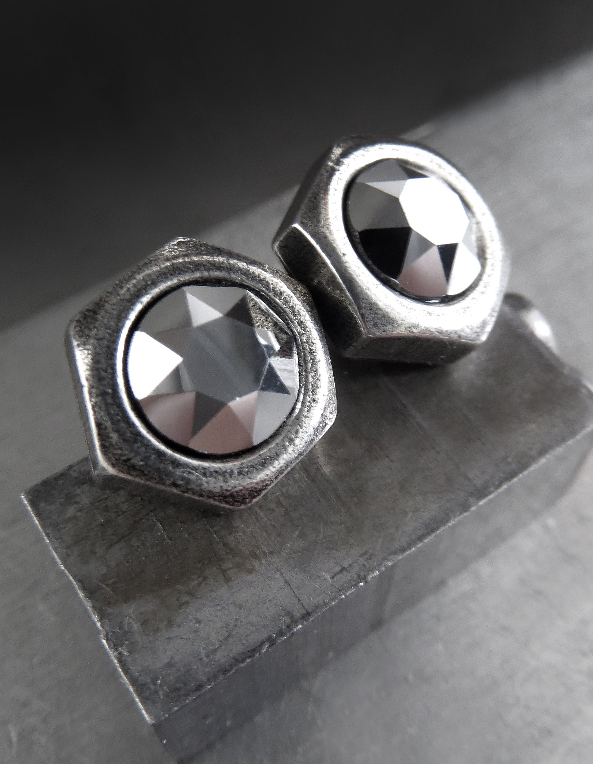 Silver Hex Nut Stud Earrings with 'Chrome' Crystal