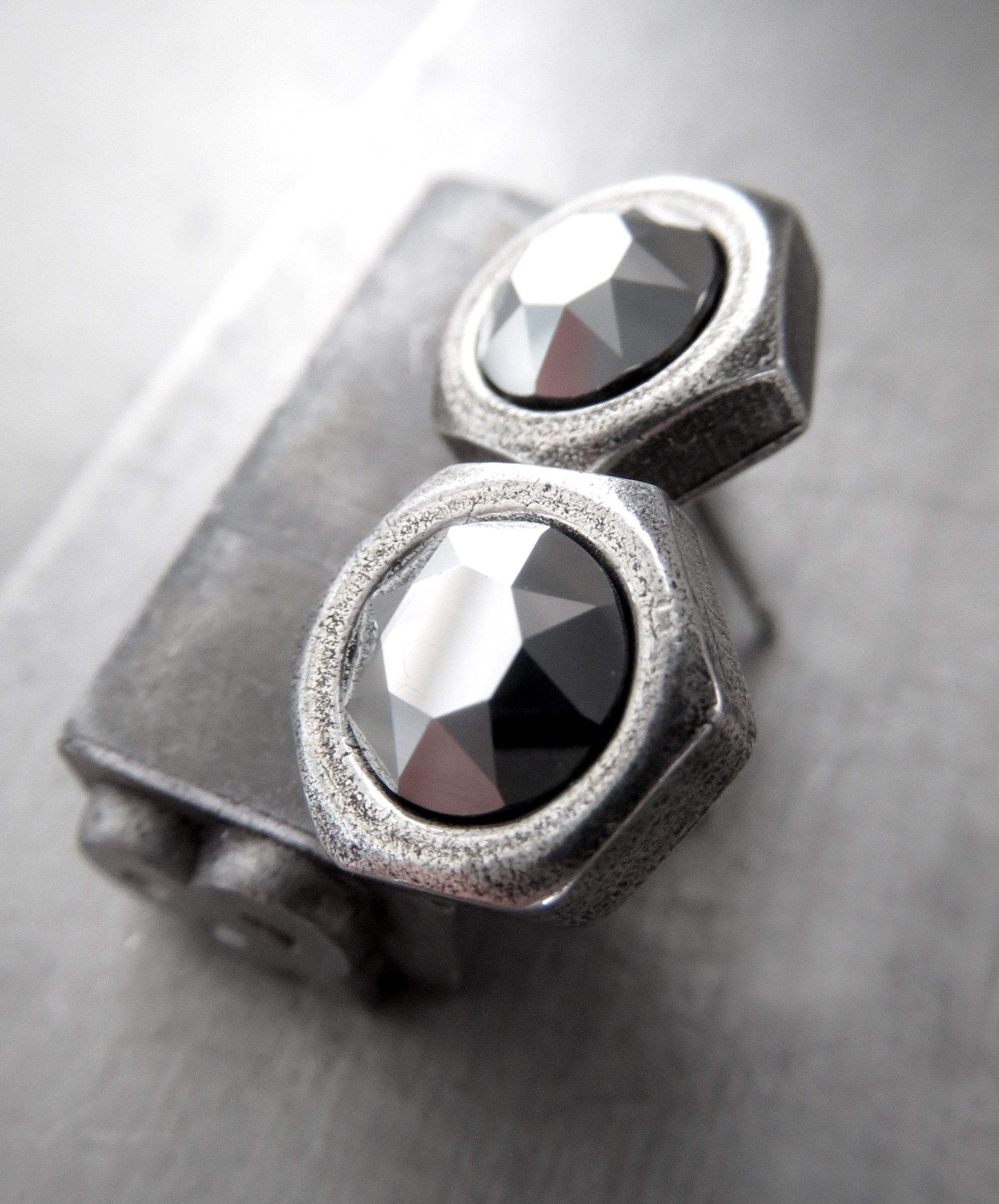 Silver Hex Nut Stud Earrings with 'Chrome' Crystal