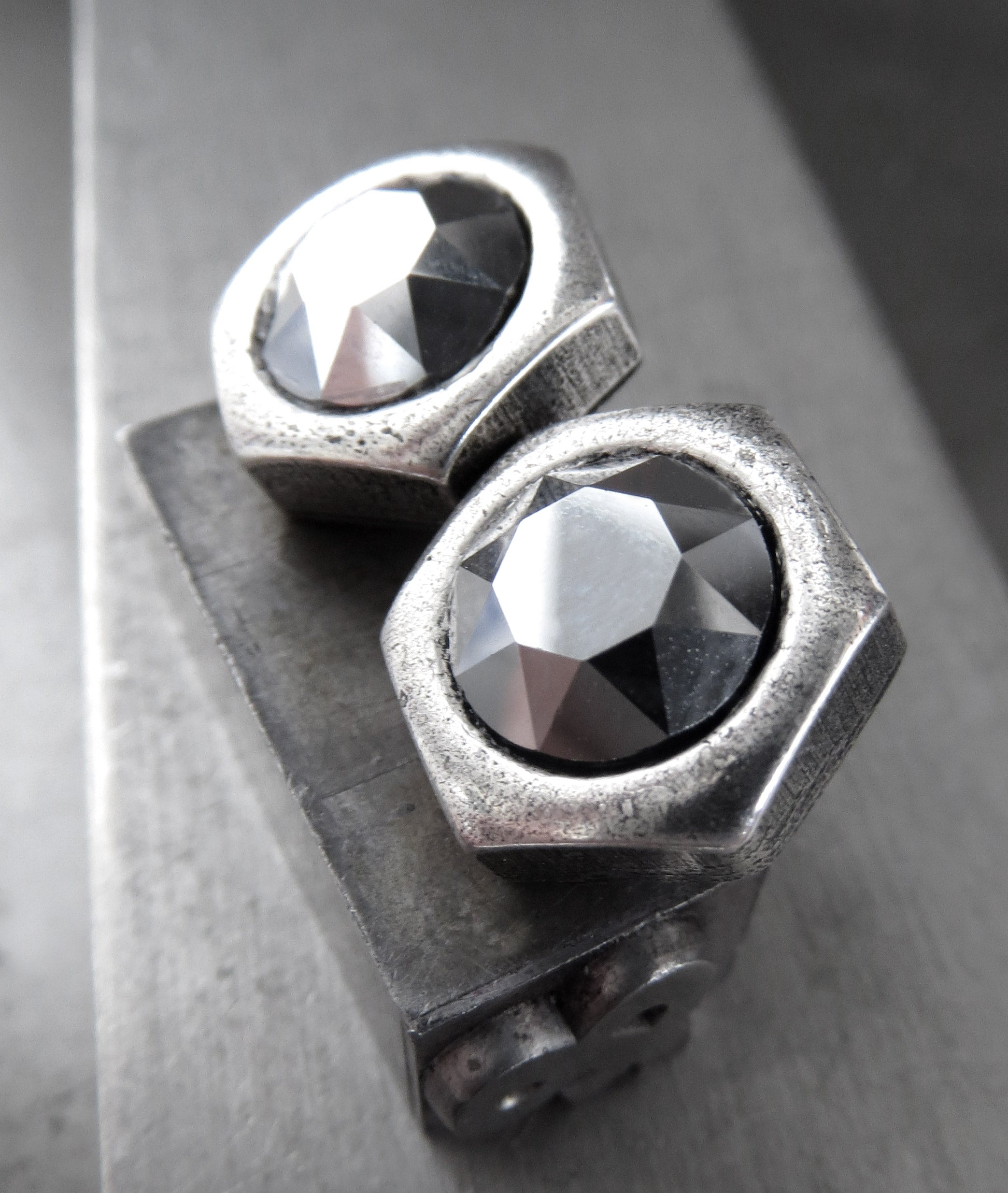 Silver Hex Nut Stud Earrings with 'Chrome' Crystal