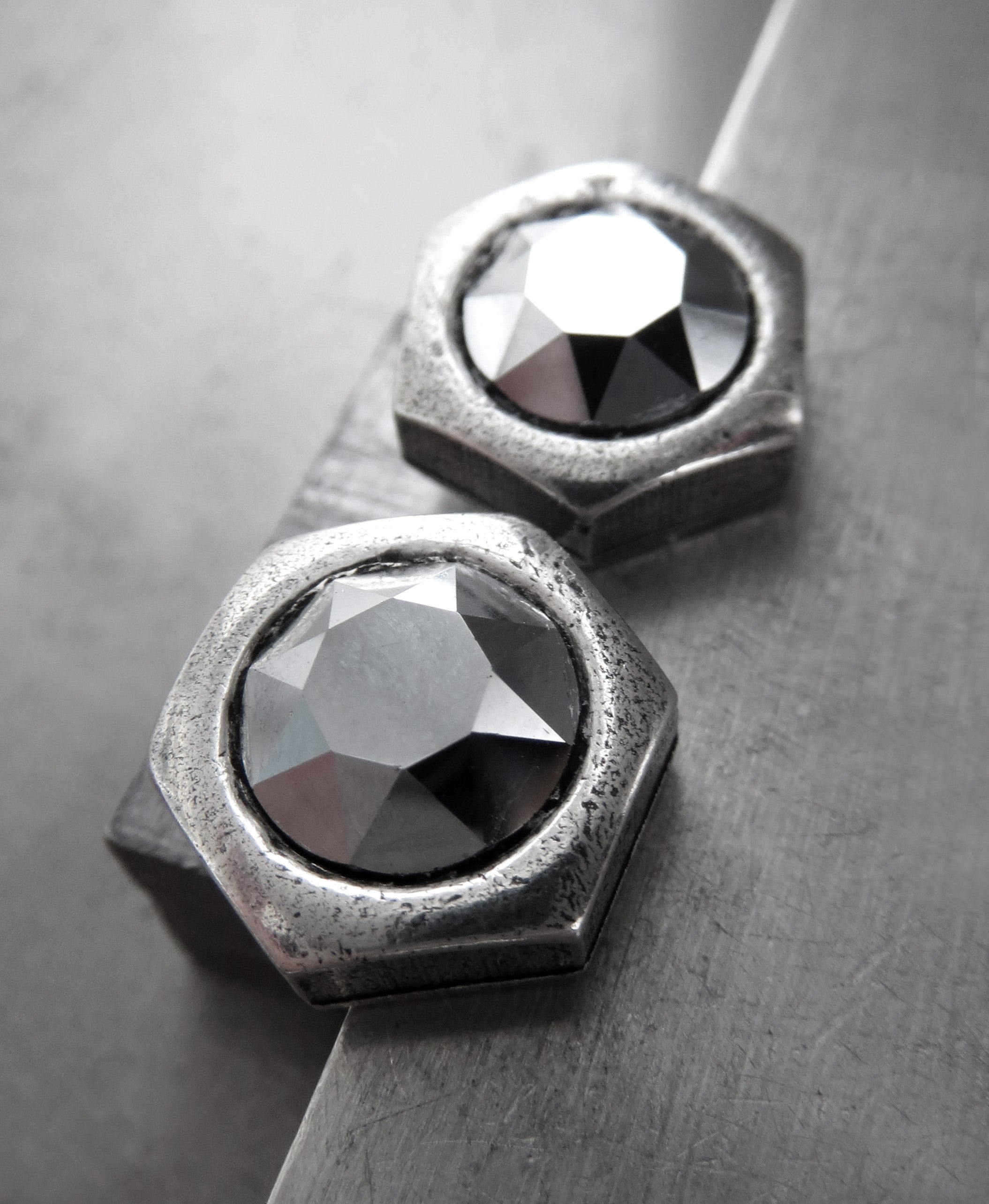 Silver Hex Nut Stud Earrings with 'Chrome' Crystal