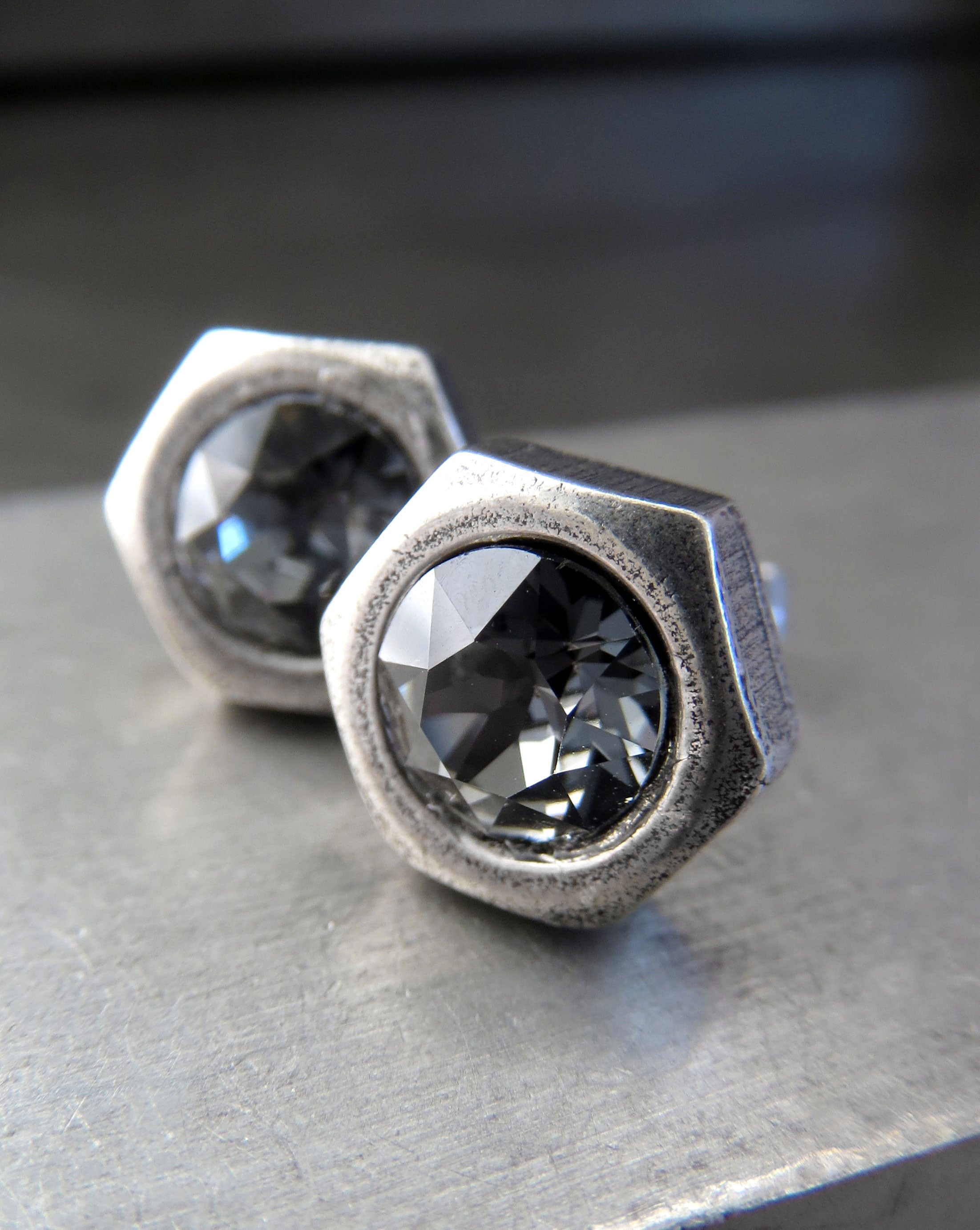 Mens Hex Nut Silver Stud Earrings with Black Night Crystal