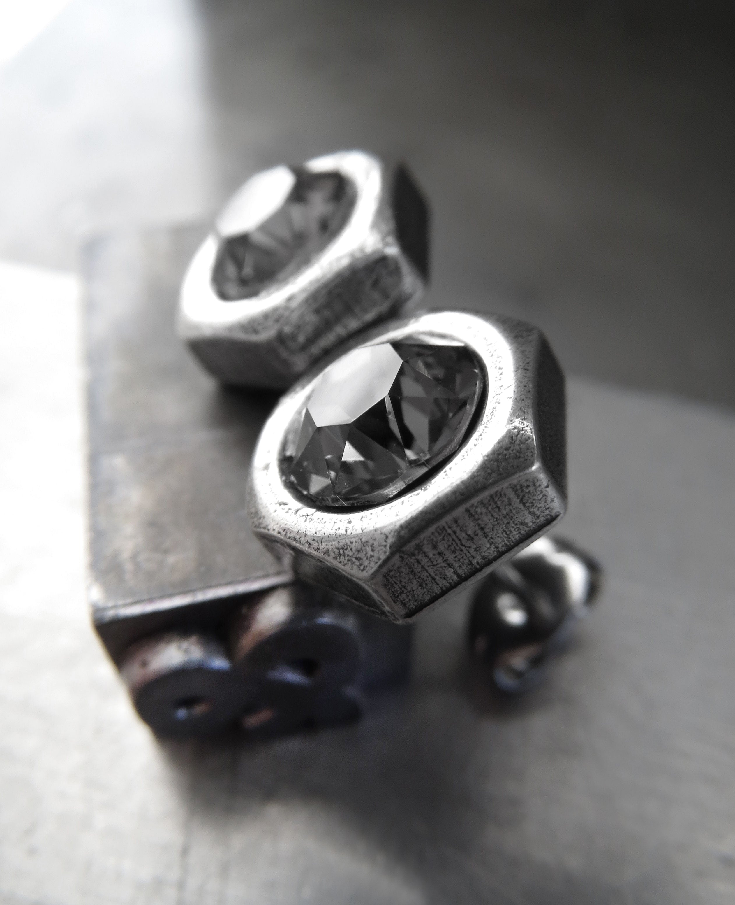 Mens Hex Nut Silver Stud Earrings with Black Night Crystal