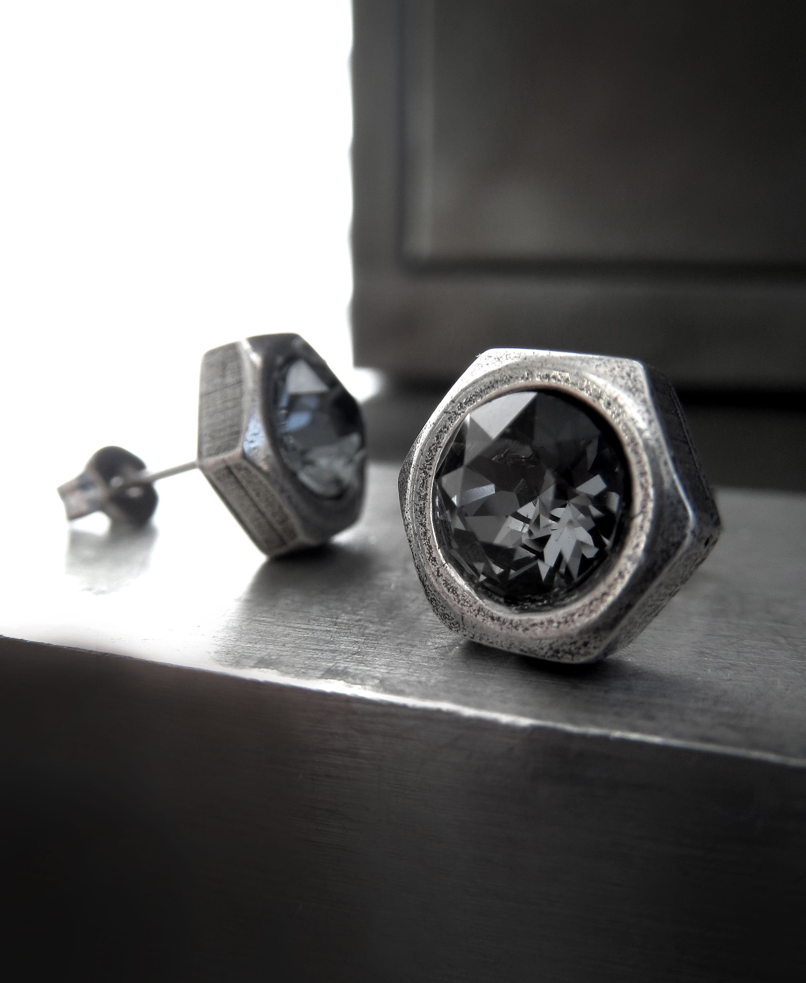 Mens Hex Nut Silver Stud Earrings with Black Night Crystal