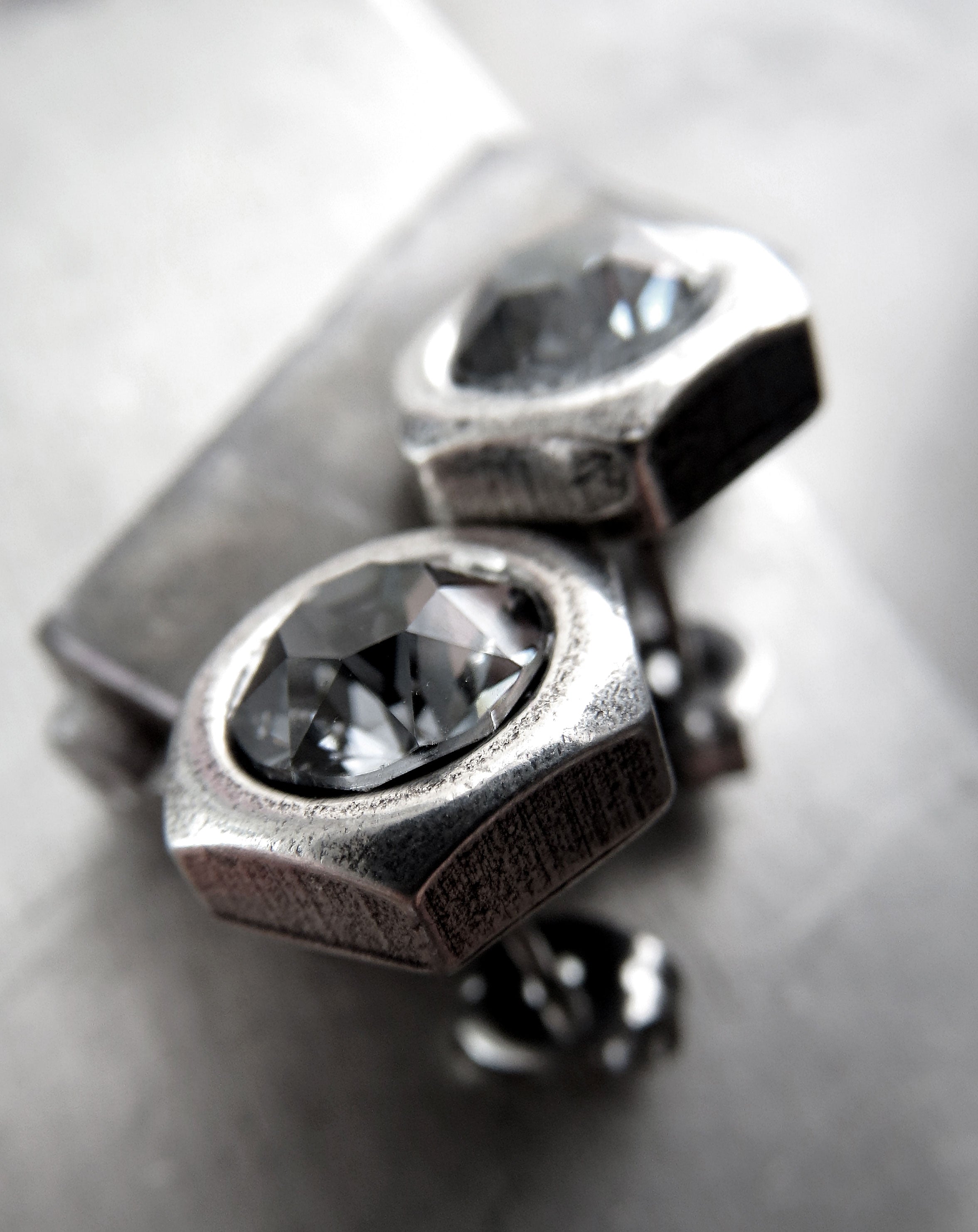 Mens Hex Nut Silver Stud Earrings with Black Night Crystal