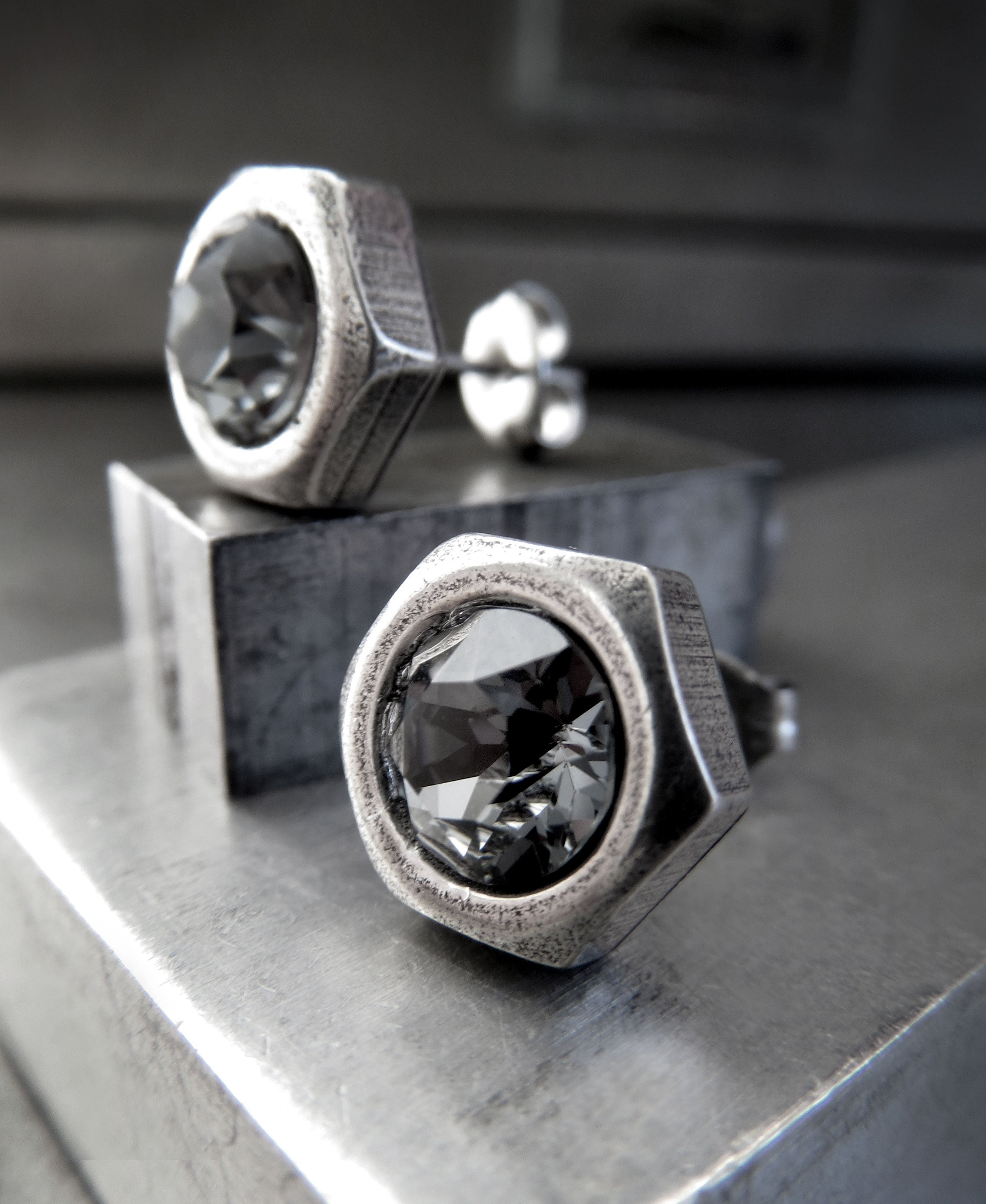 Mens Hex Nut Silver Stud Earrings with Black Night Crystal