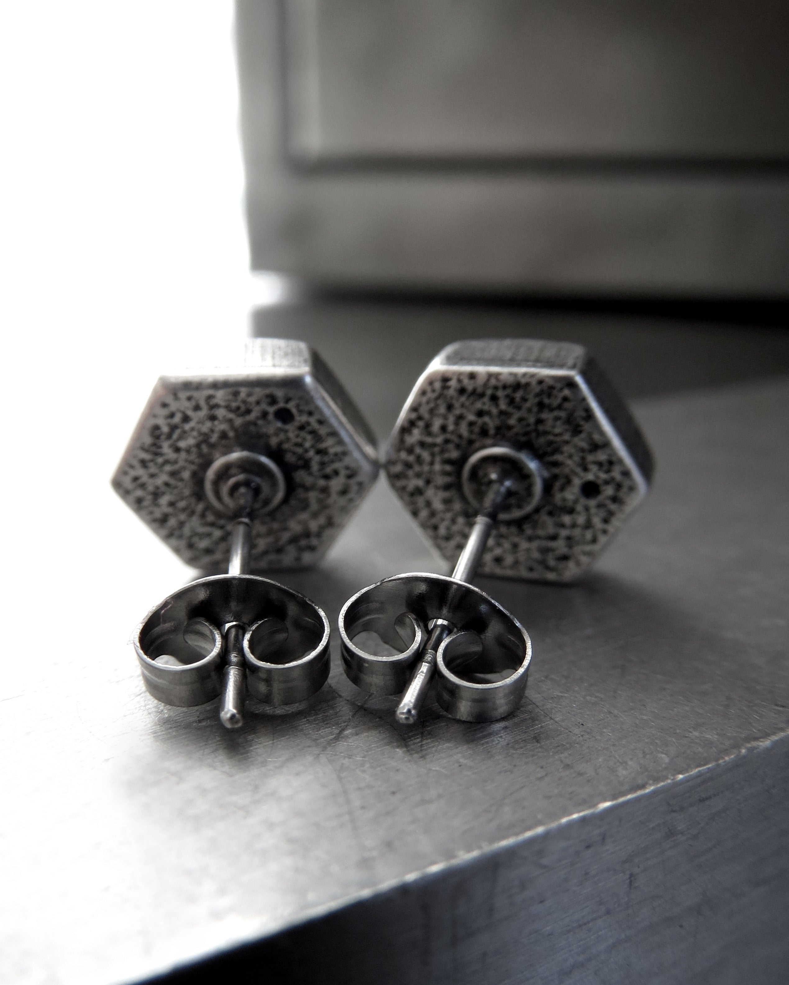 Silver Hex Nut Stud Earrings with 'Chrome' Crystal