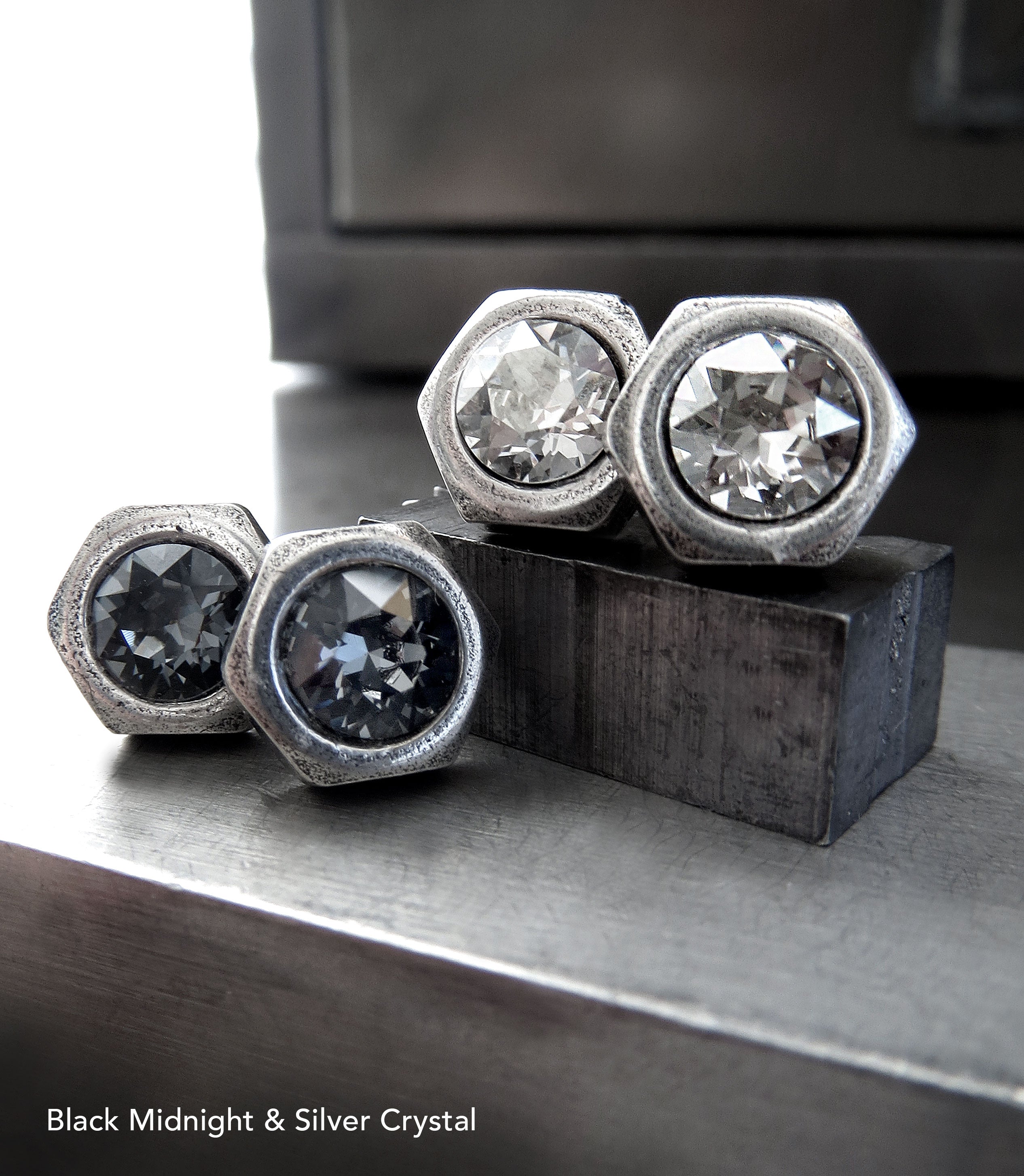 Mens Hex Nut Silver Stud Earrings with Black Night Crystal