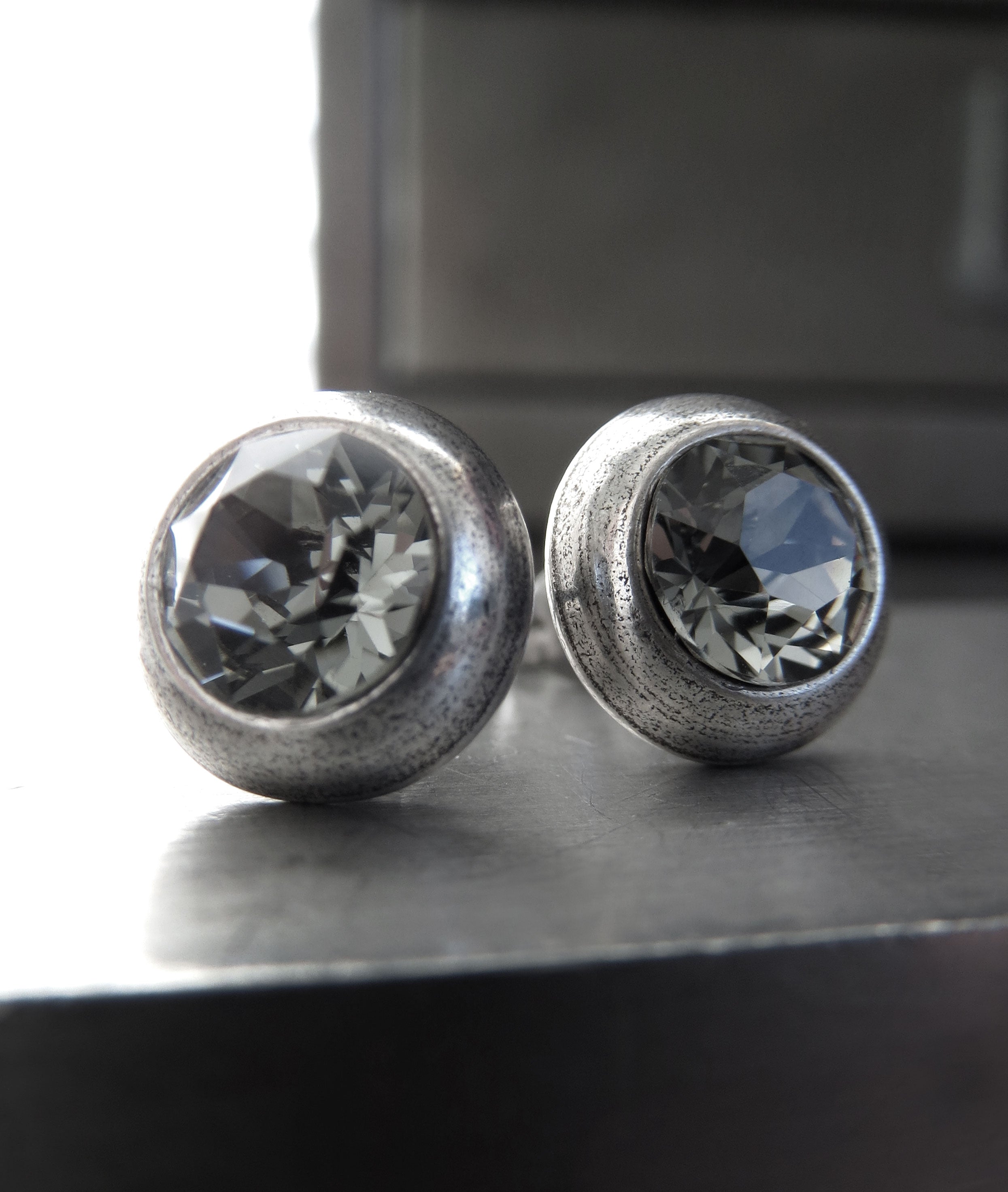 Ultra Modern Black Diamond Crystal Stud Earrings - Antiqued Silver