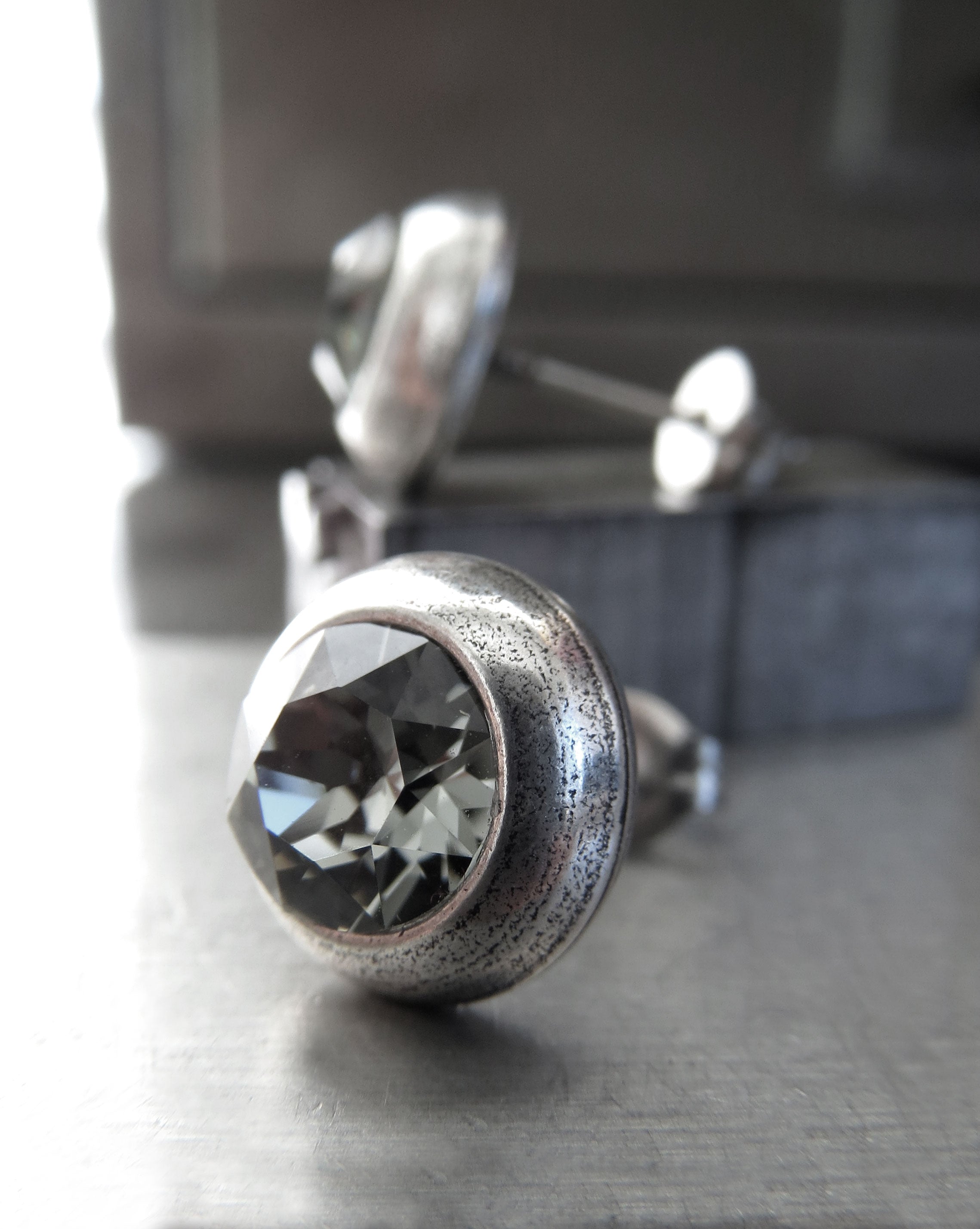 Ultra Modern Black Diamond Crystal Stud Earrings - Antiqued Silver