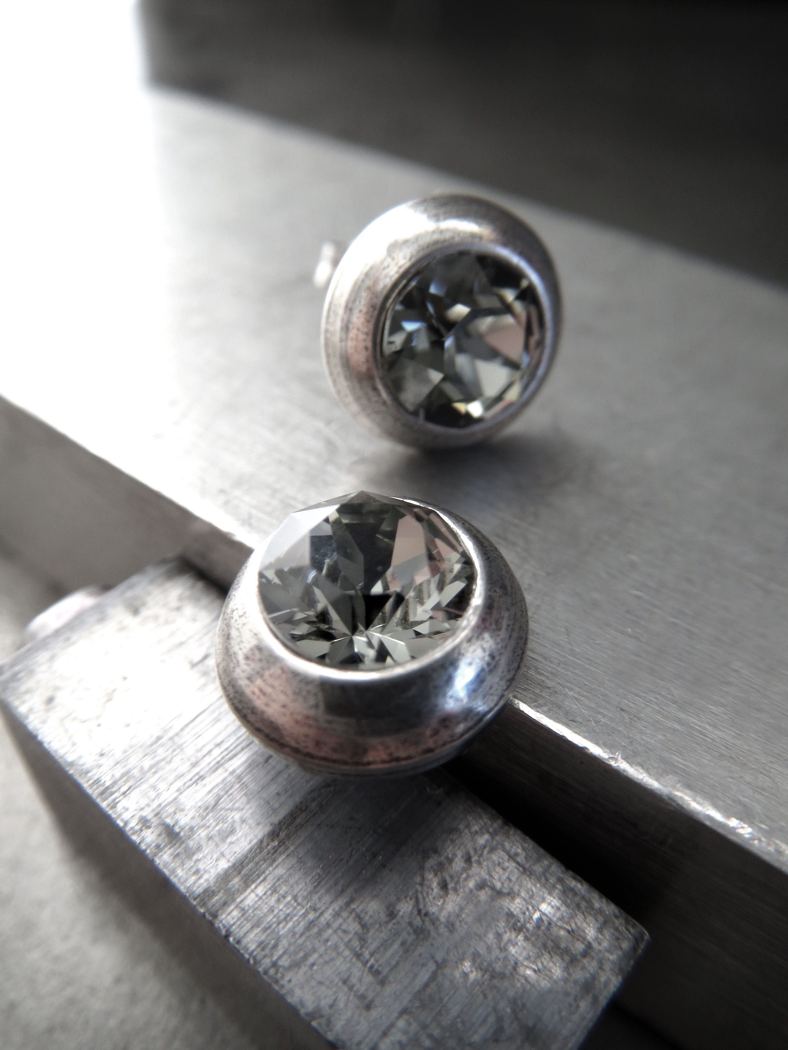 Ultra Modern Black Diamond Crystal Stud Earrings - Antiqued Silver