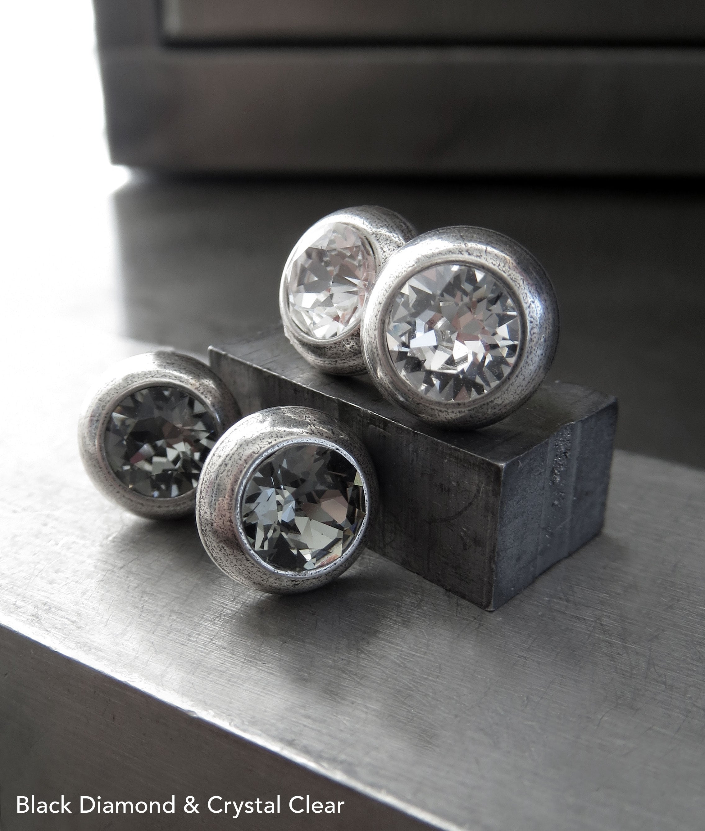 Ultra Modern Clear Crystal Stud Earrings - Antiqued Silver