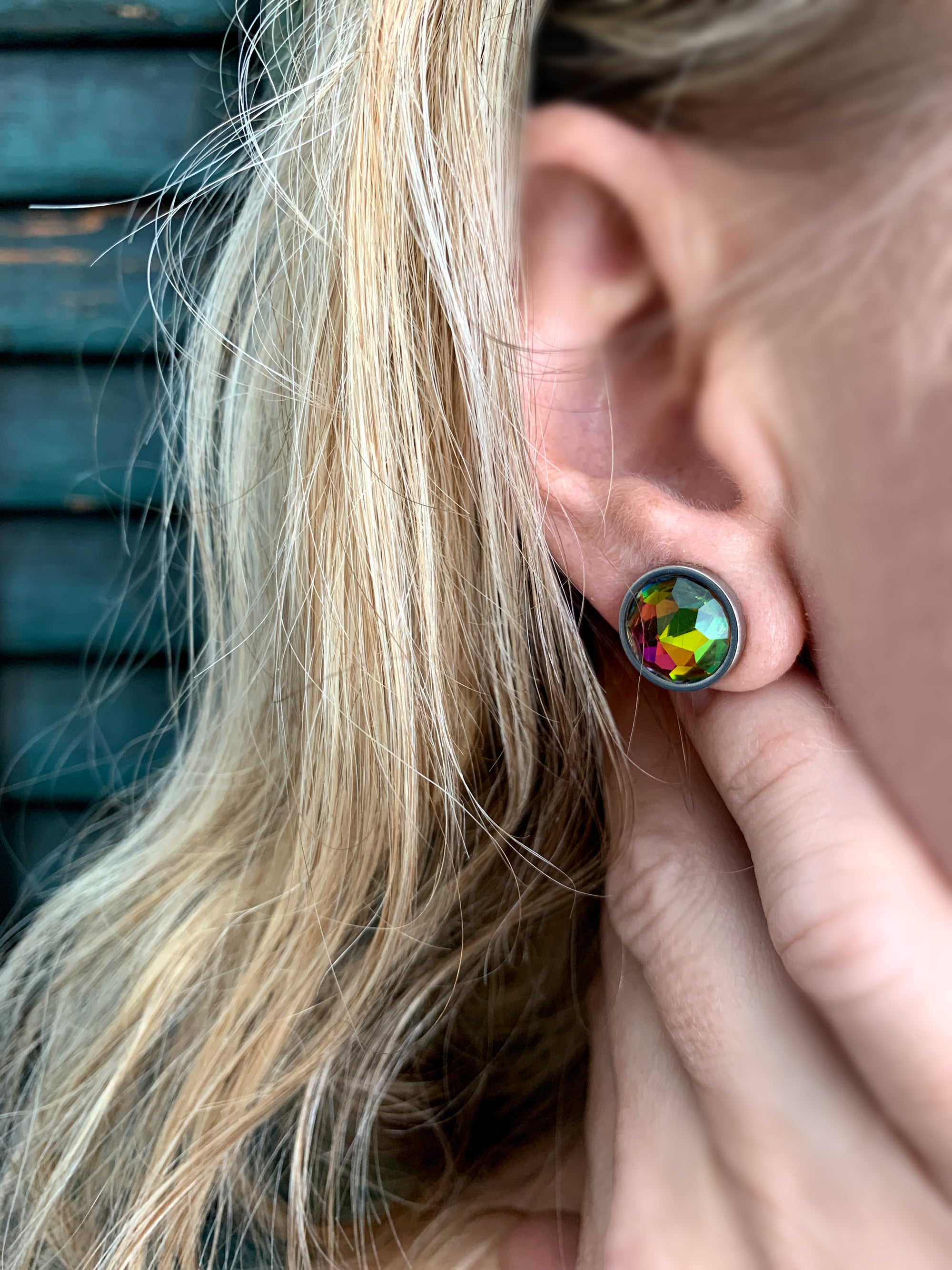 Large Rainbow Stud Earrings with Colorful Vintage Crystal