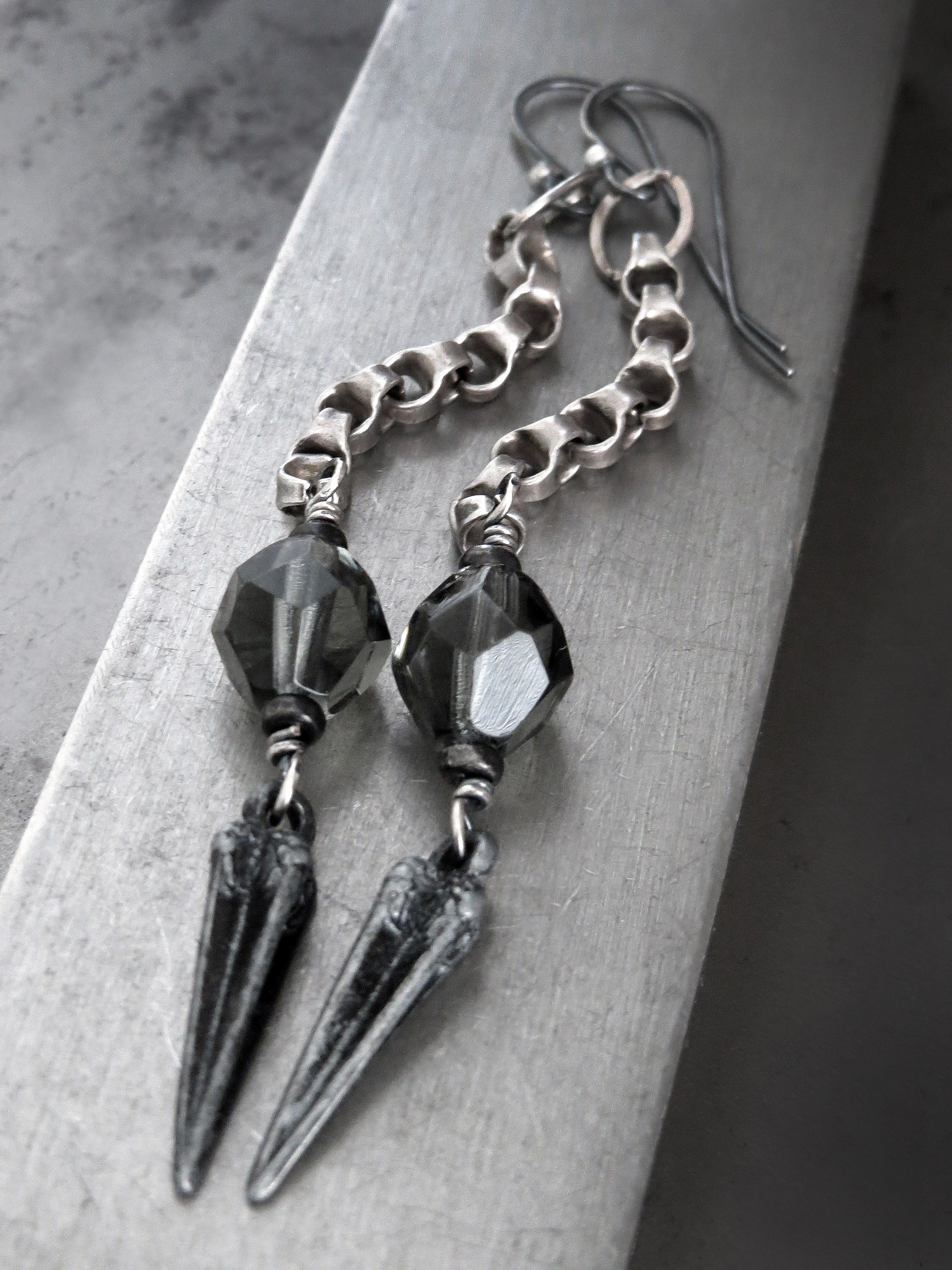 SWORD - Long Chain Earrings with Antique Silver Pointed Dagger Spikes