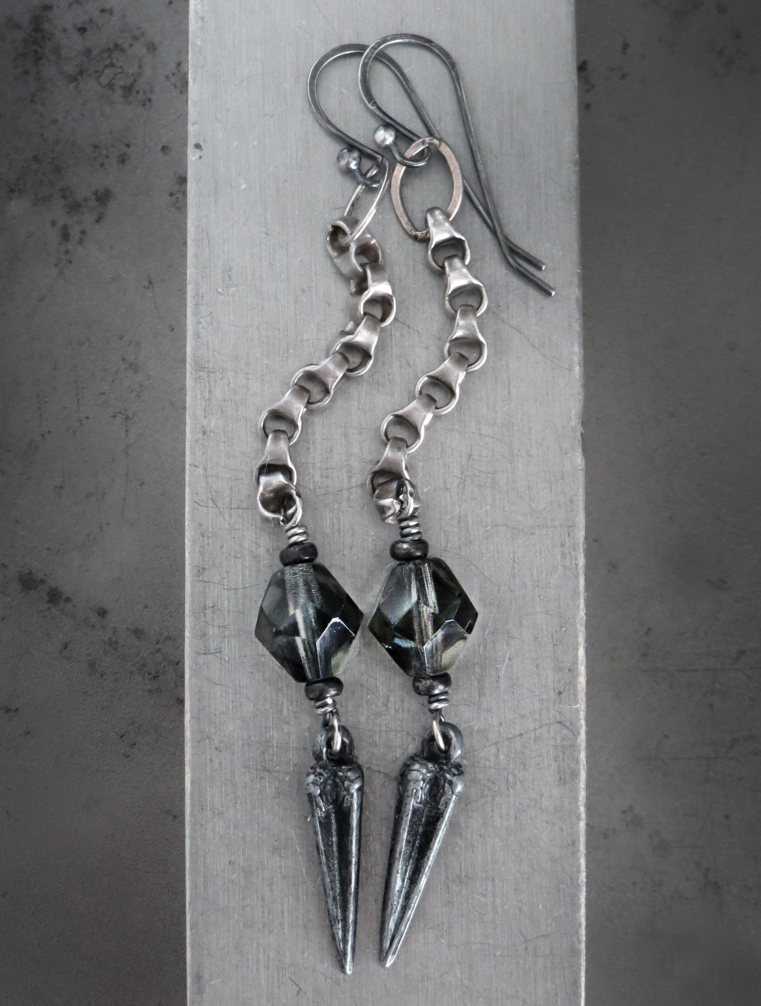 SWORD - Long Chain Earrings with Antique Silver Pointed Dagger Spikes