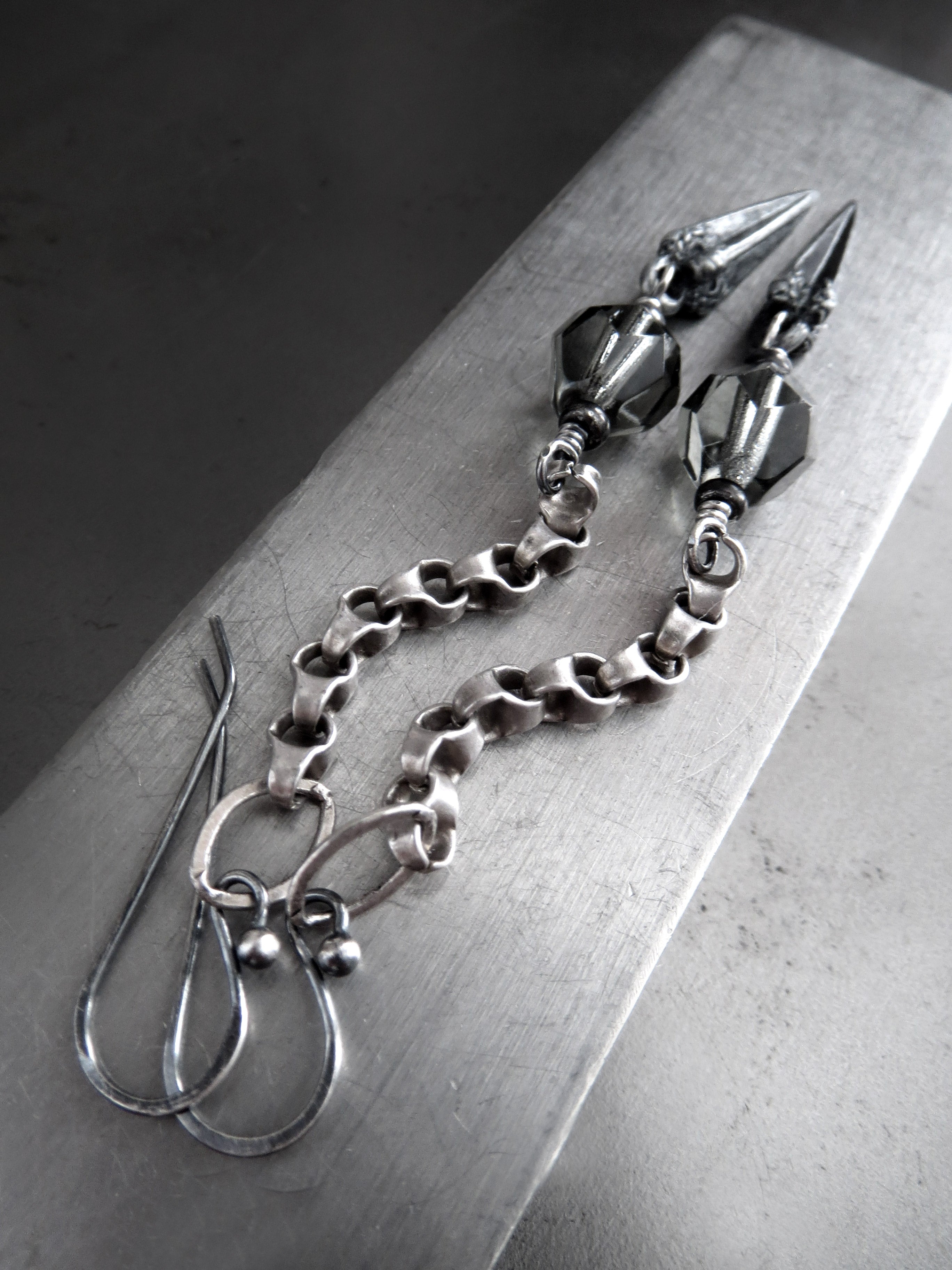 SWORD - Long Chain Earrings with Antique Silver Pointed Dagger Spikes