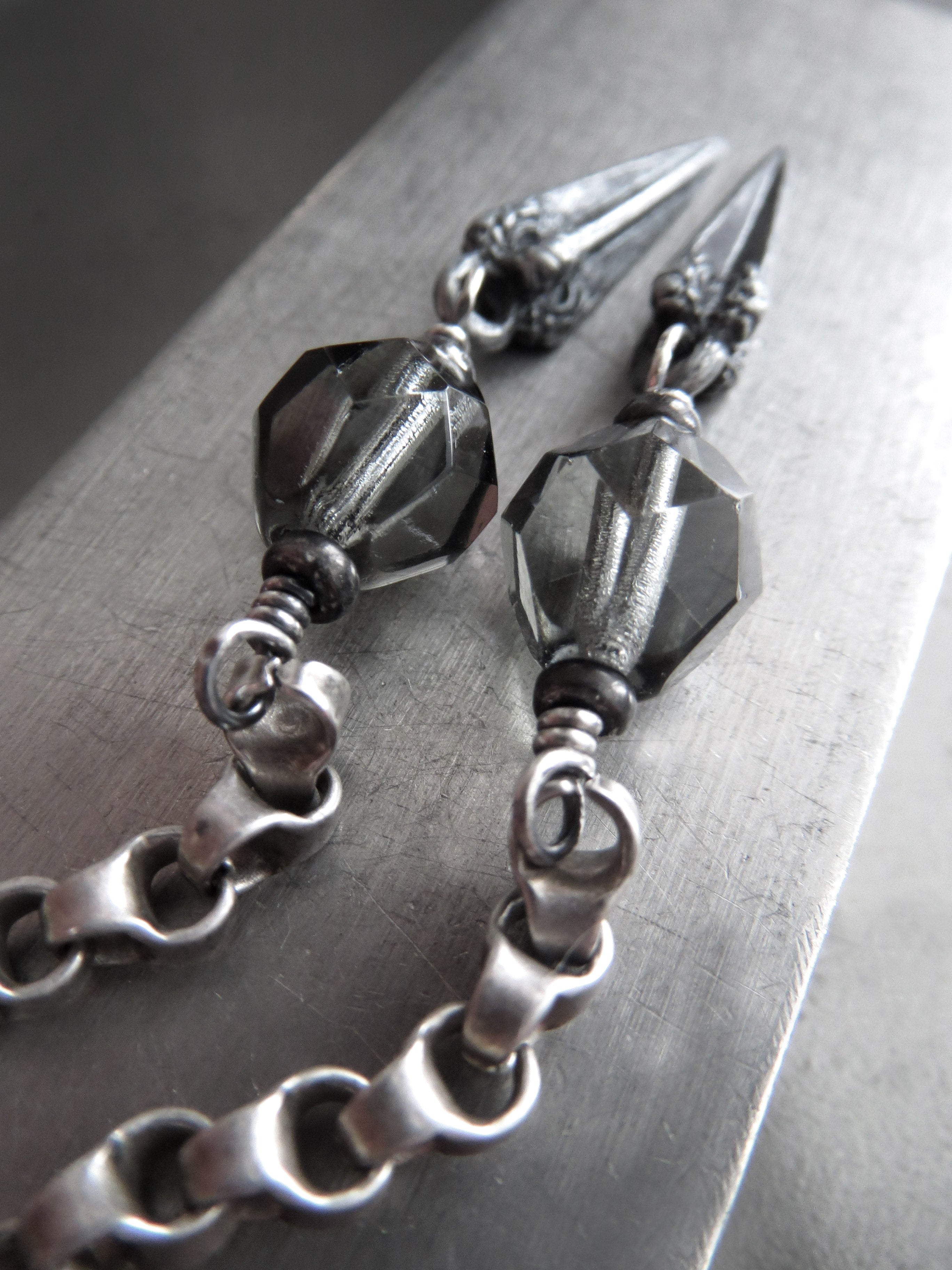 SWORD - Long Chain Earrings with Antique Silver Pointed Dagger Spikes