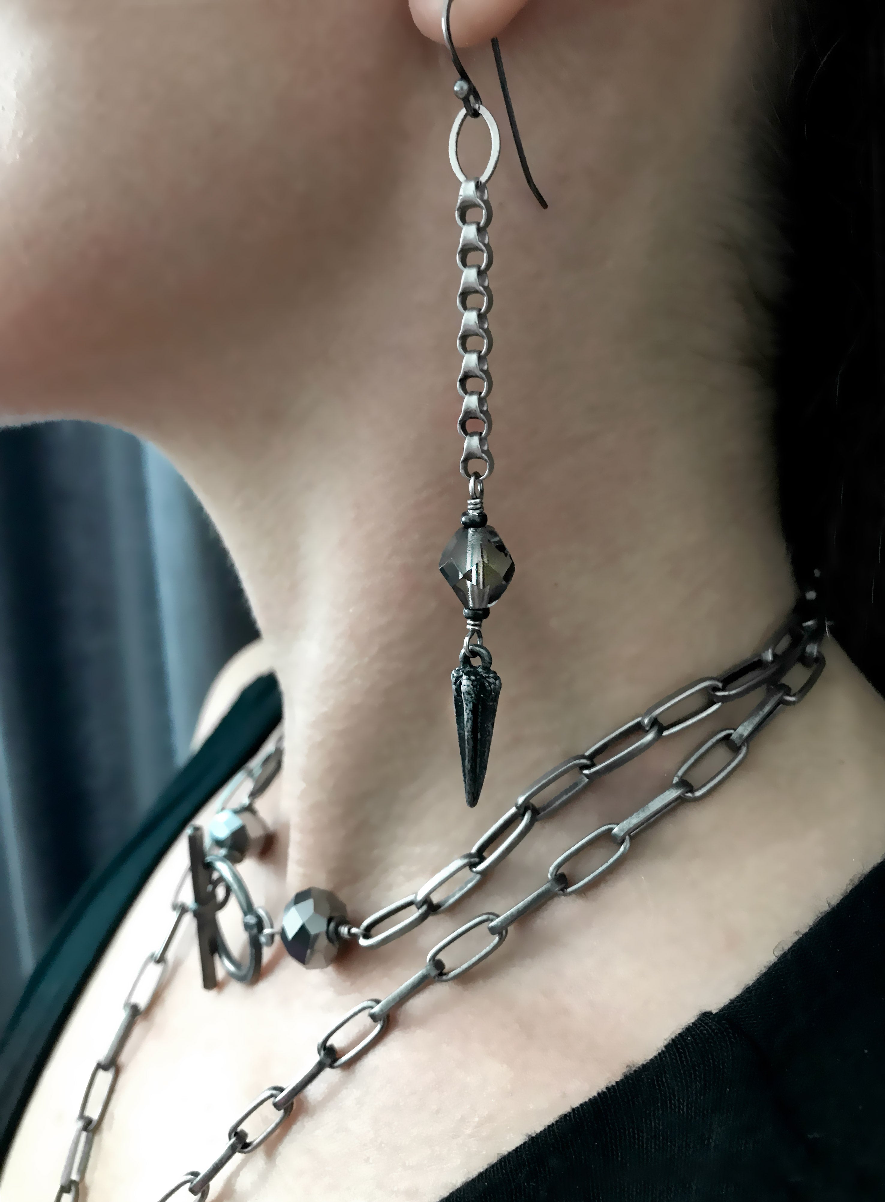 SWORD - Long Chain Earrings with Antique Silver Pointed Dagger Spikes