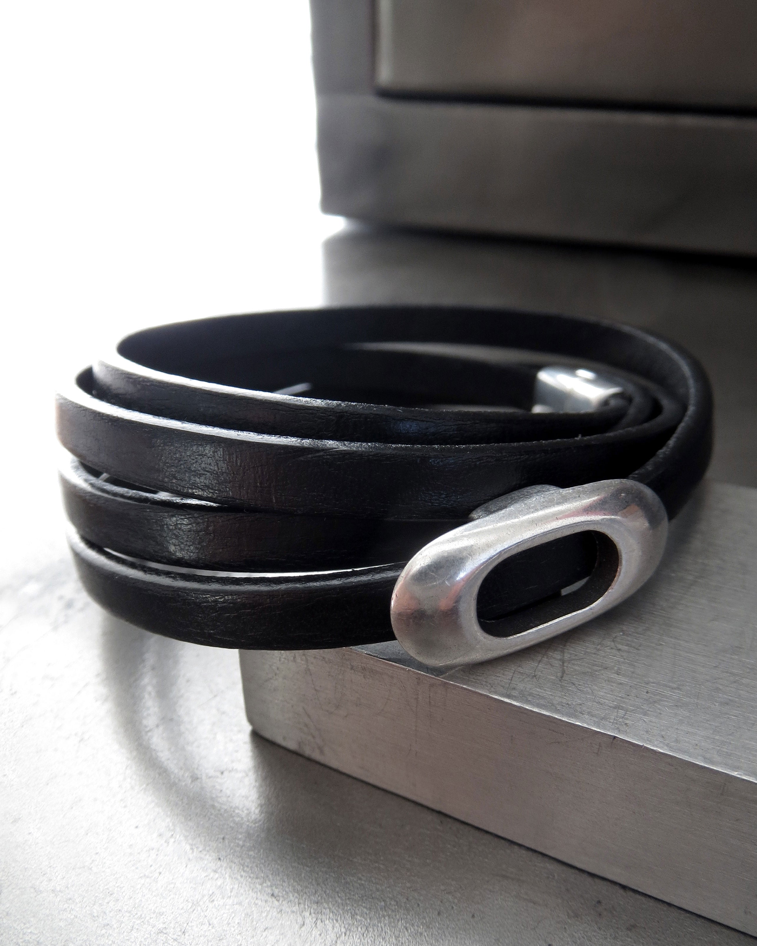 Thin Black Leather Wrap Bracelet with Silver Oval
